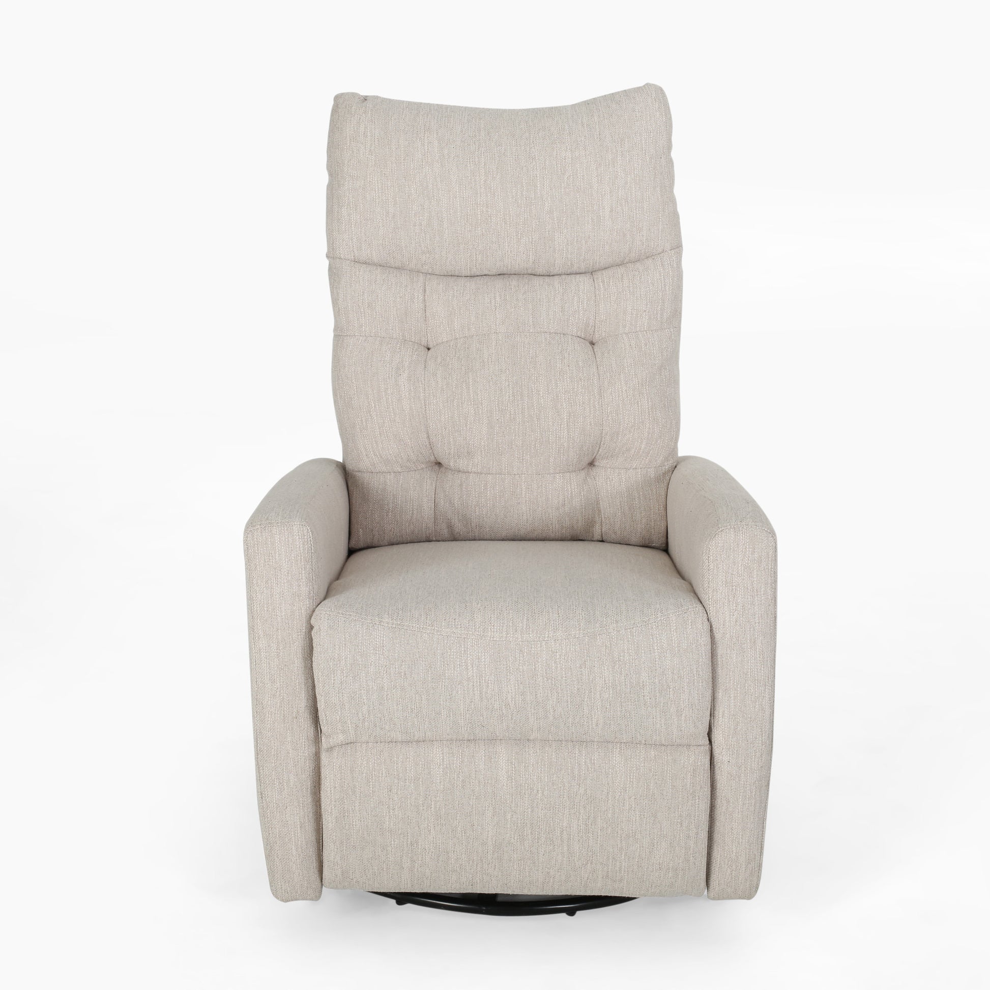 Light beige upholstered recliner chair with tufted back and padded arms
