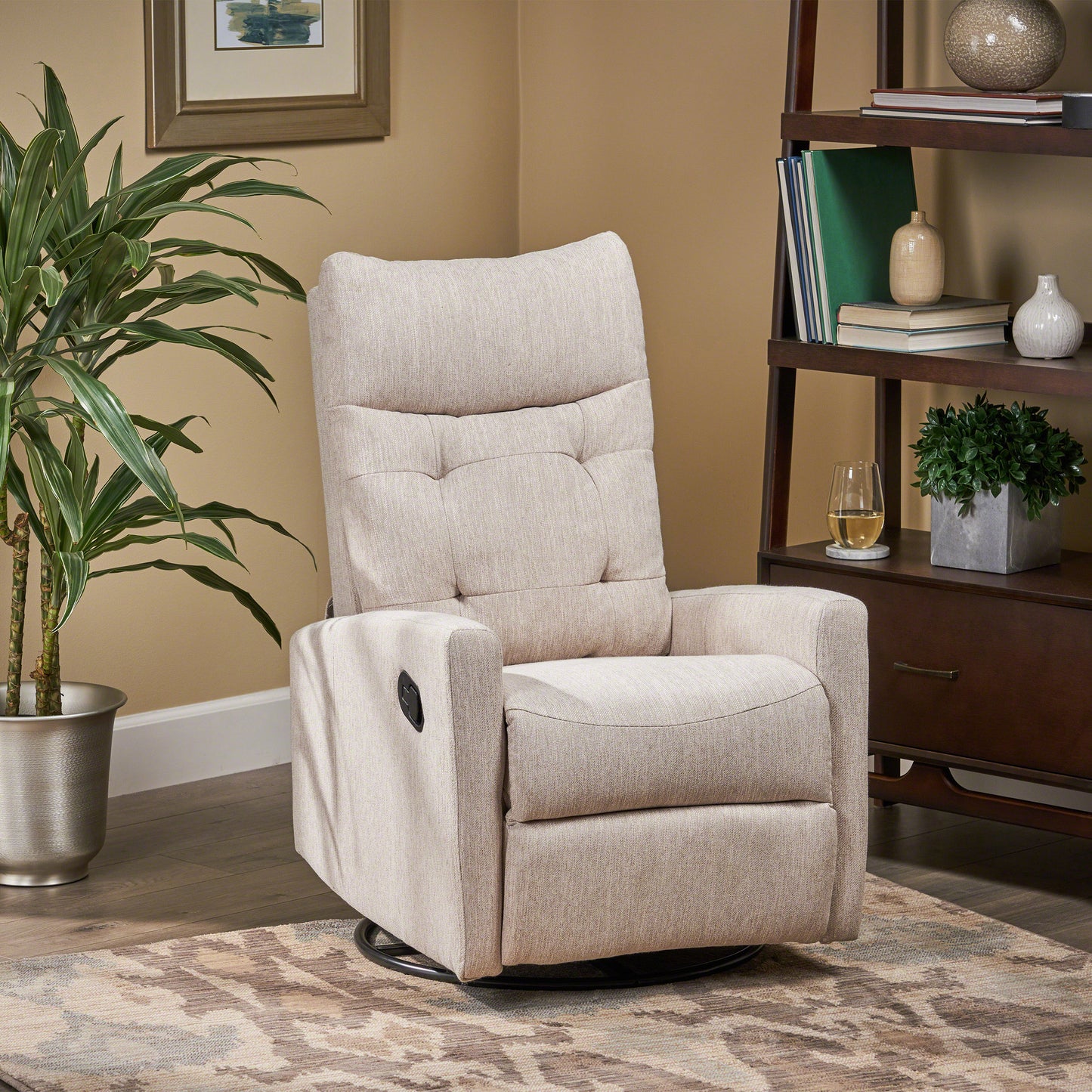 Comfortable beige fabric recliner chair with tufted back and swivel base