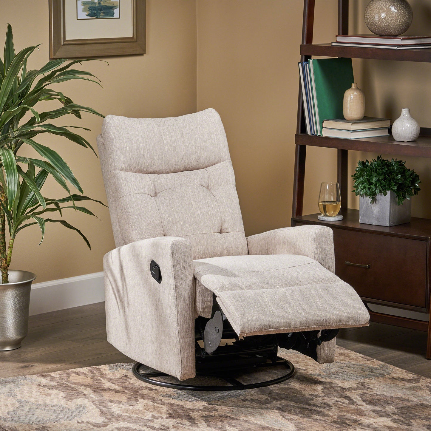 Beige upholstered recliner chair with manual lever and swivel base for home comfort