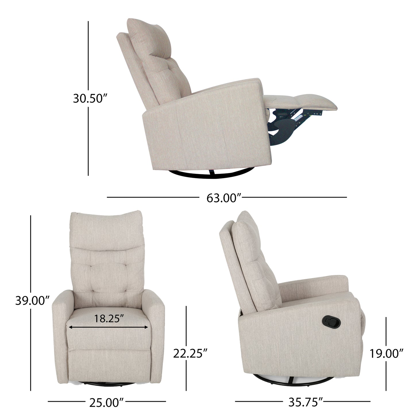Tan upholstered glider recliner with tufted back and dimensions