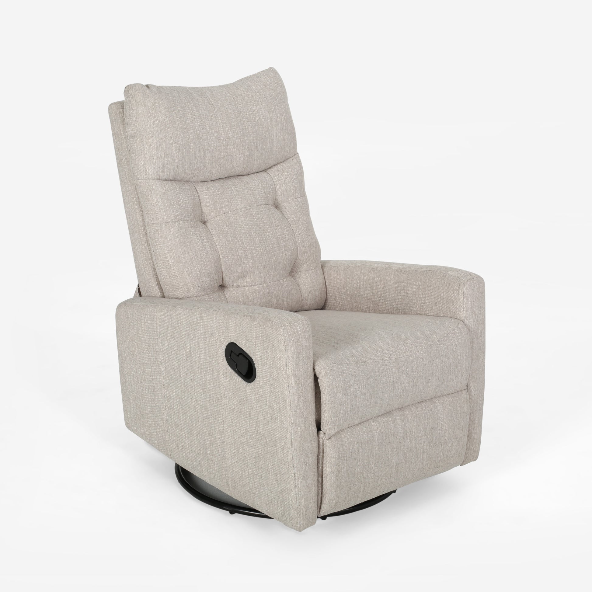 Light beige fabric swivel recliner chair with tufted back and black handle