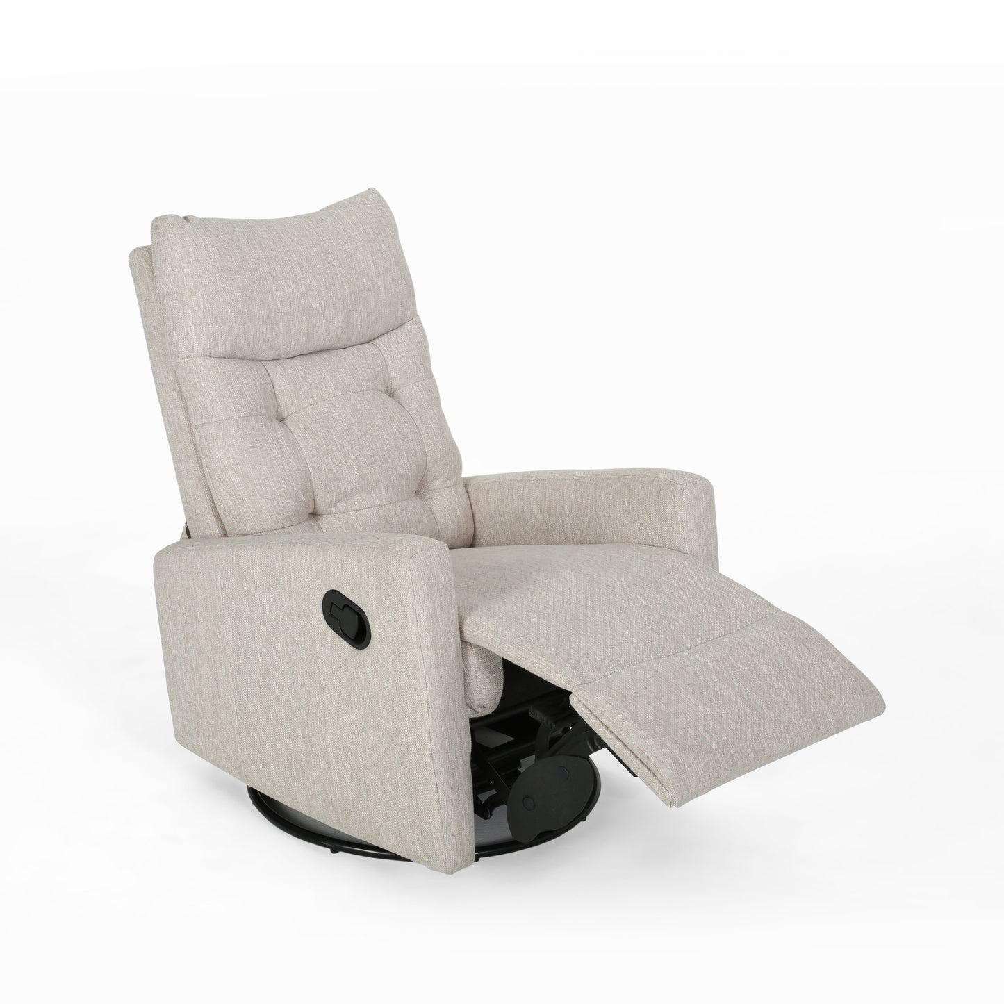 Light beige fabric swivel recliner with footrest extended and tufted back
