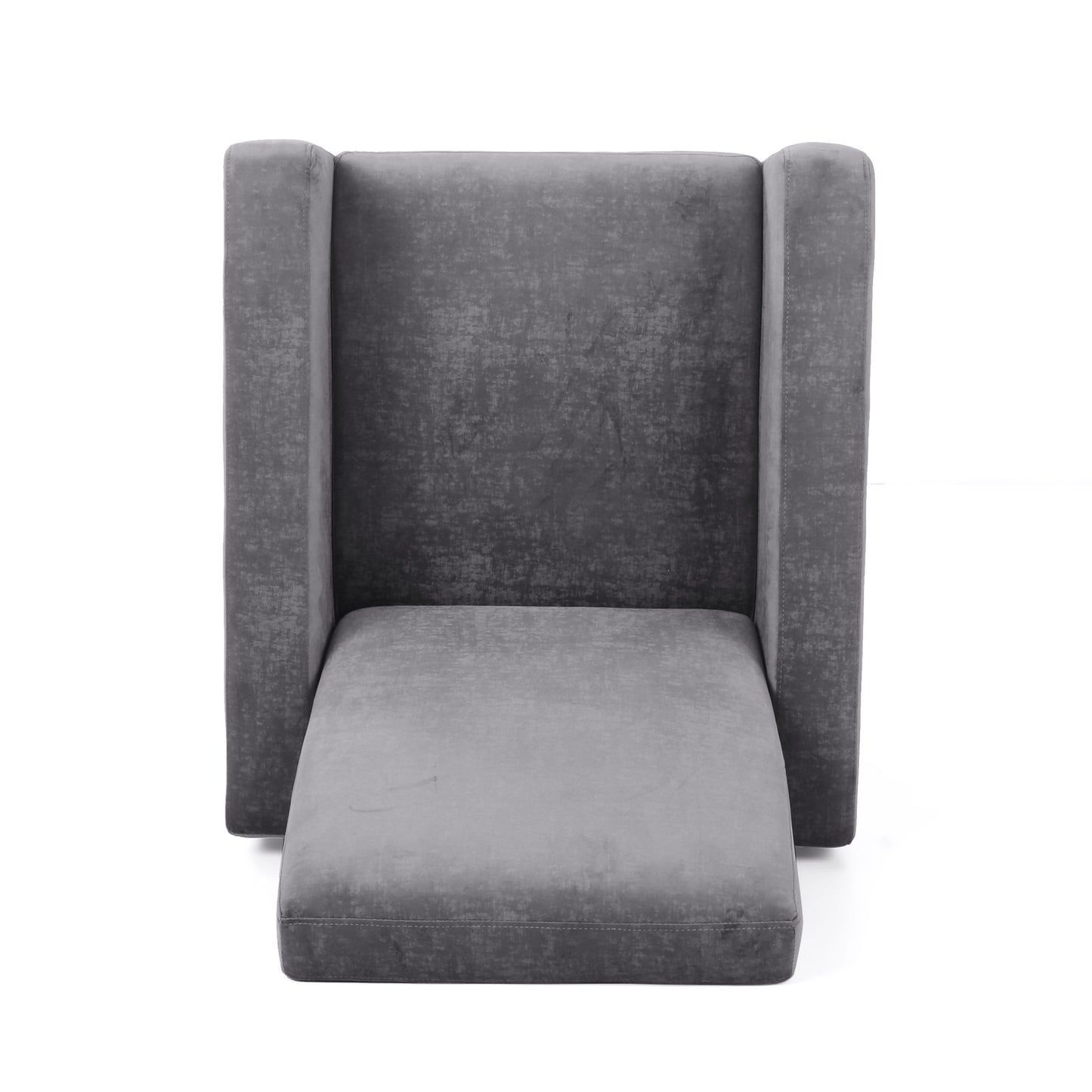 Gray velvet wingback accent chair with extended footrest for ultimate comfort