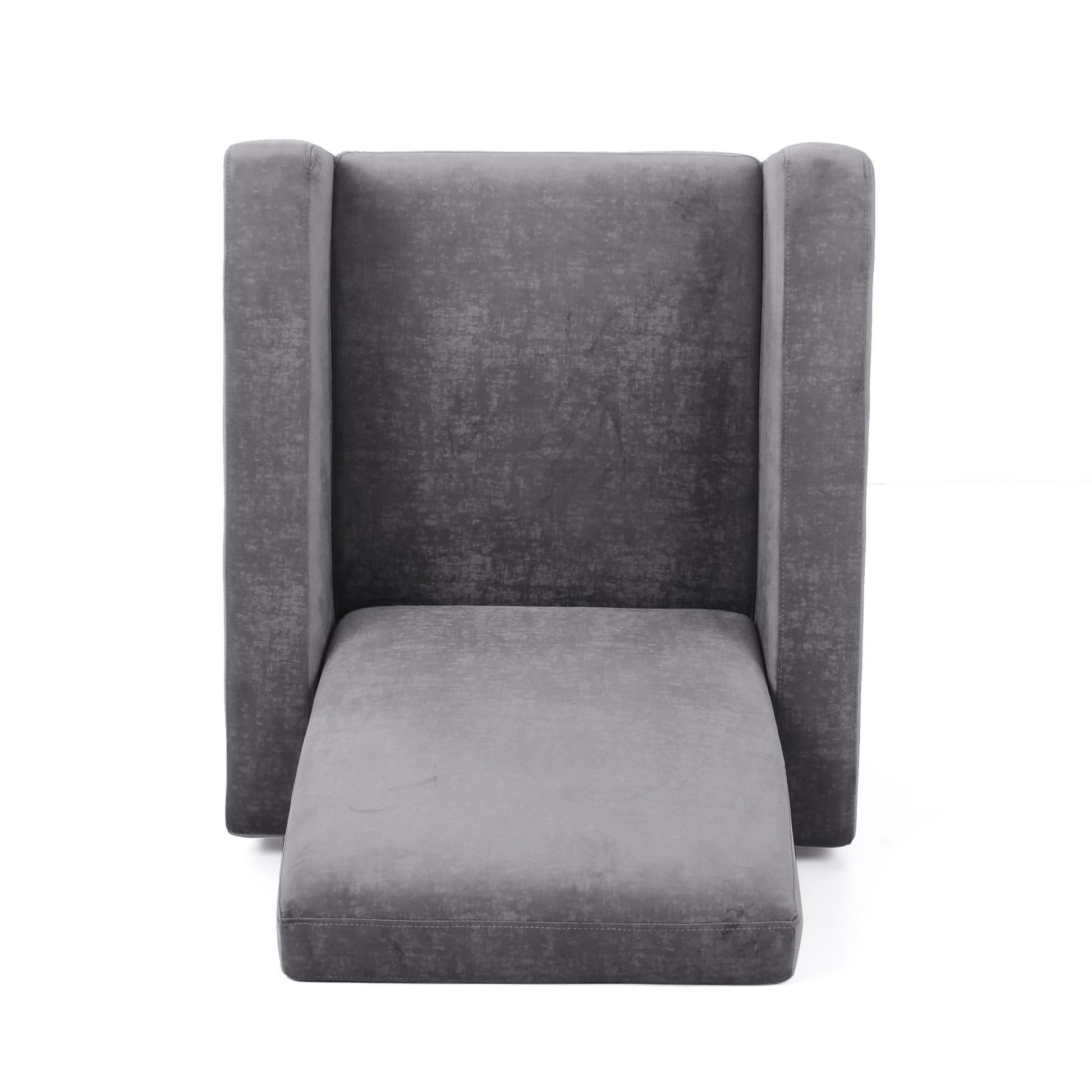 Gray velvet wingback accent chair with extended footrest for ultimate comfort