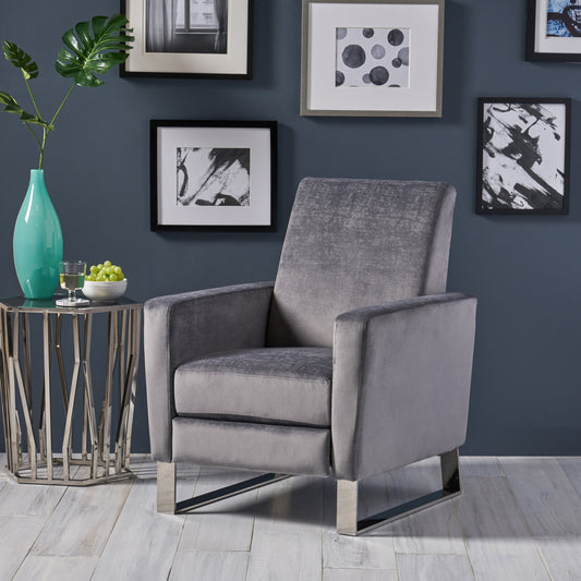 Plush grey velvet armchair with sleek chrome legs perfect for modern living spaces