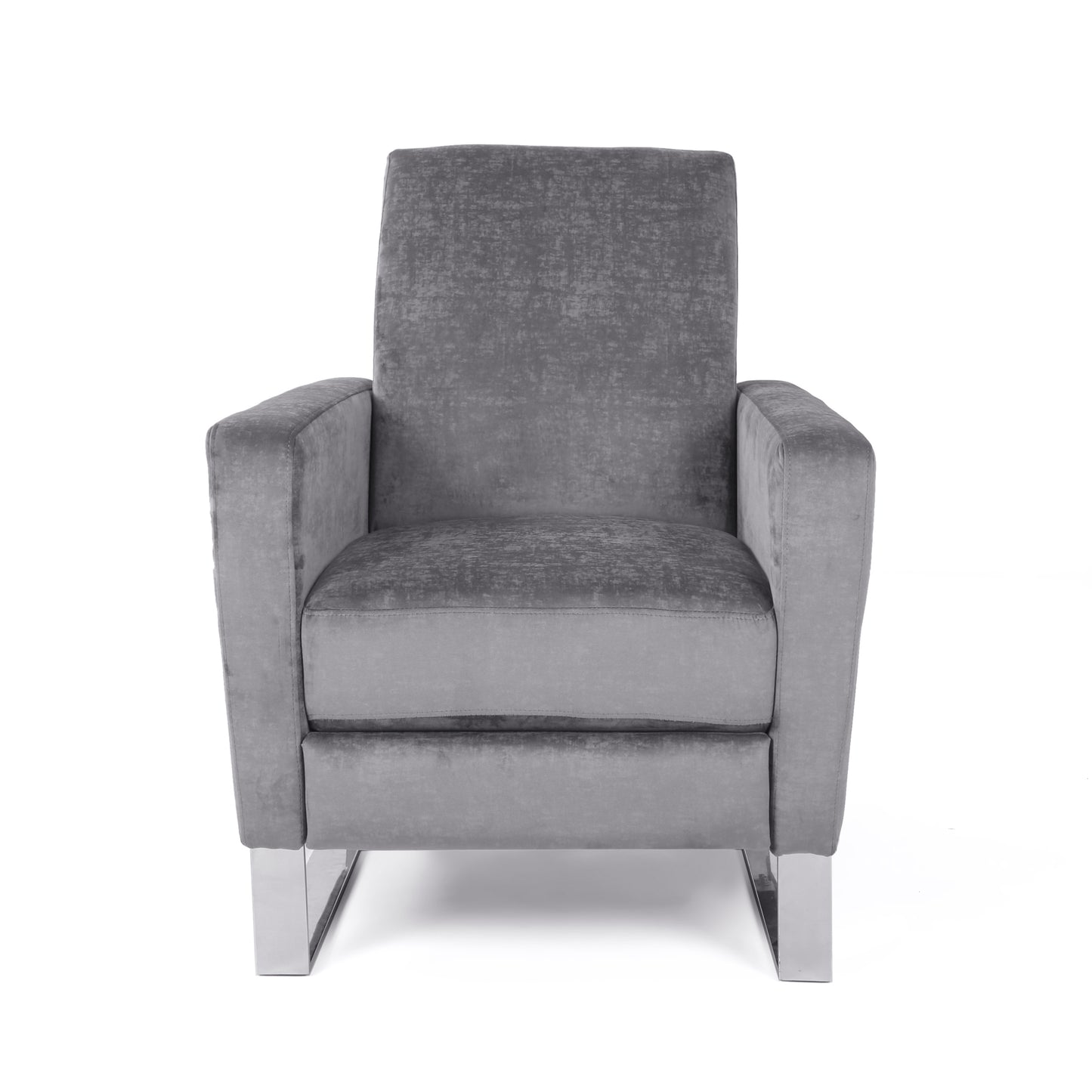 Plush grey velvet accent chair with modern chrome legs perfect for living rooms