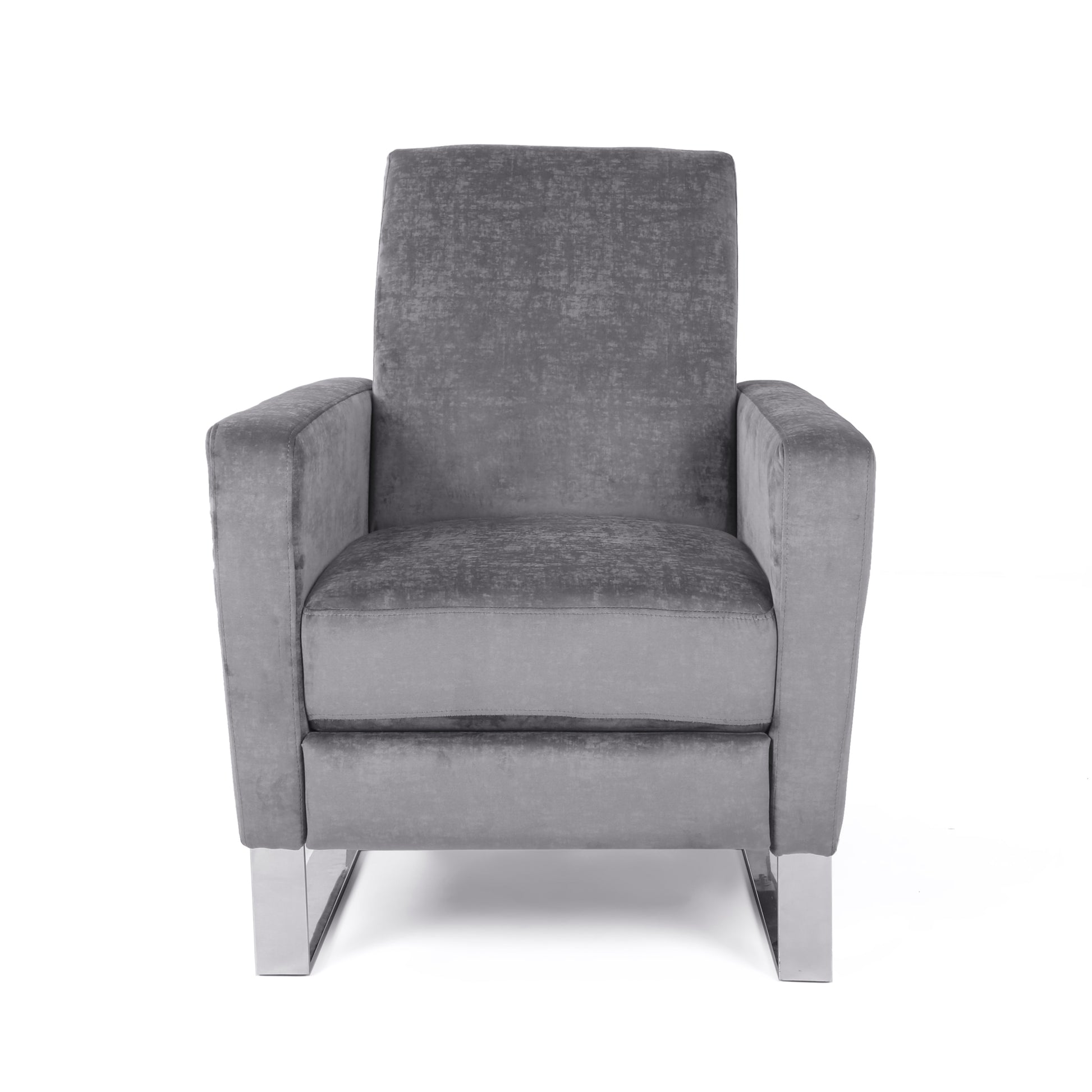 Plush grey velvet accent chair with modern chrome legs perfect for living rooms