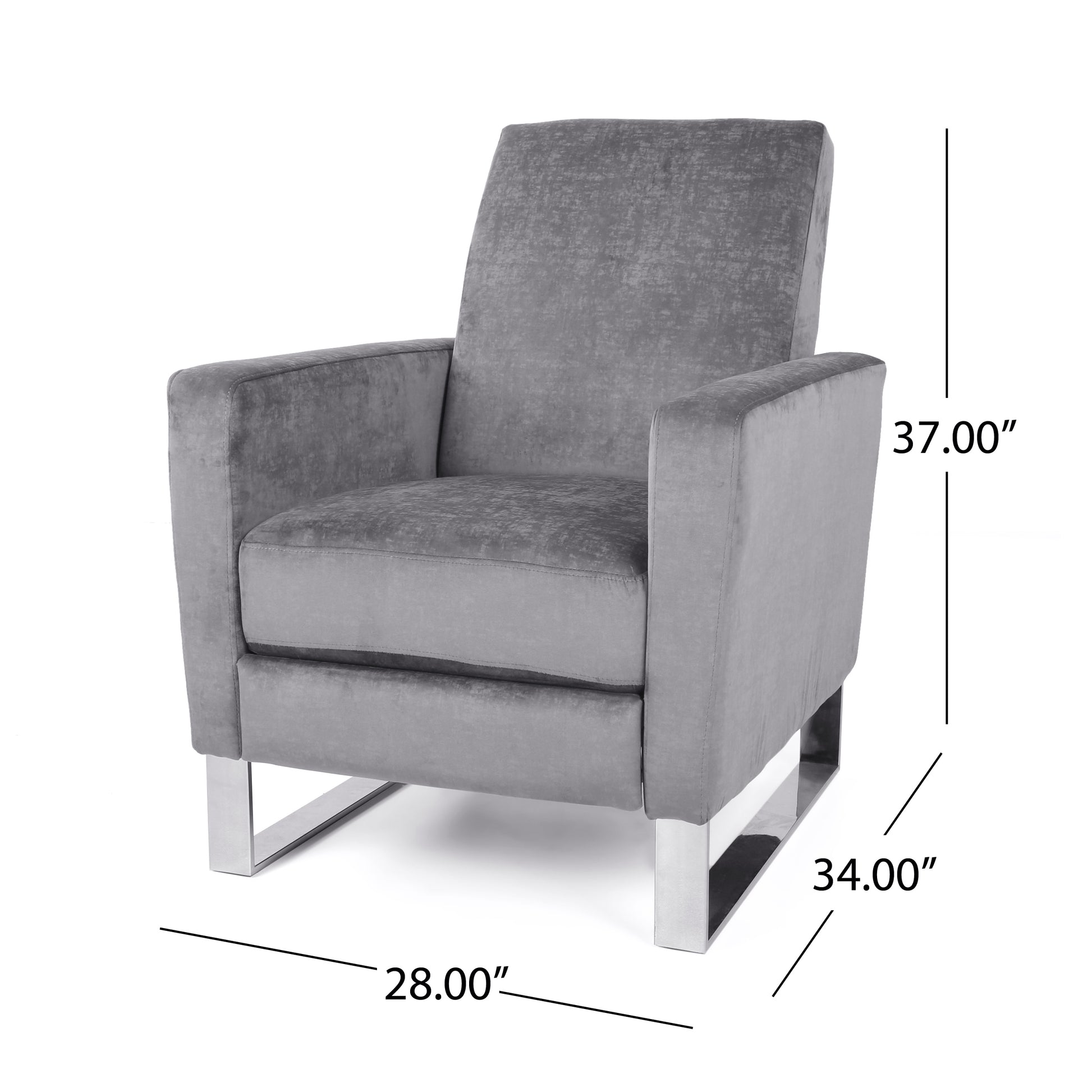 Gray velvet accent chair with sleek chrome base and square arms