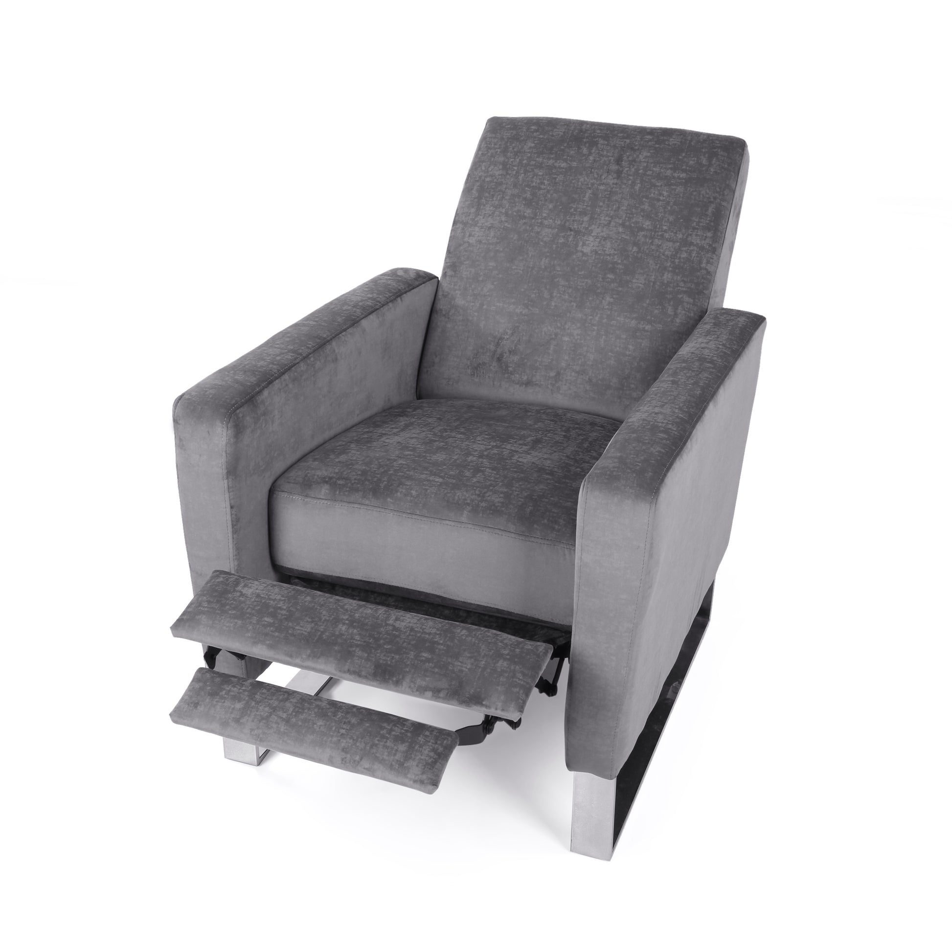 Grey velvet armchair with extended footrest and modern metal legs