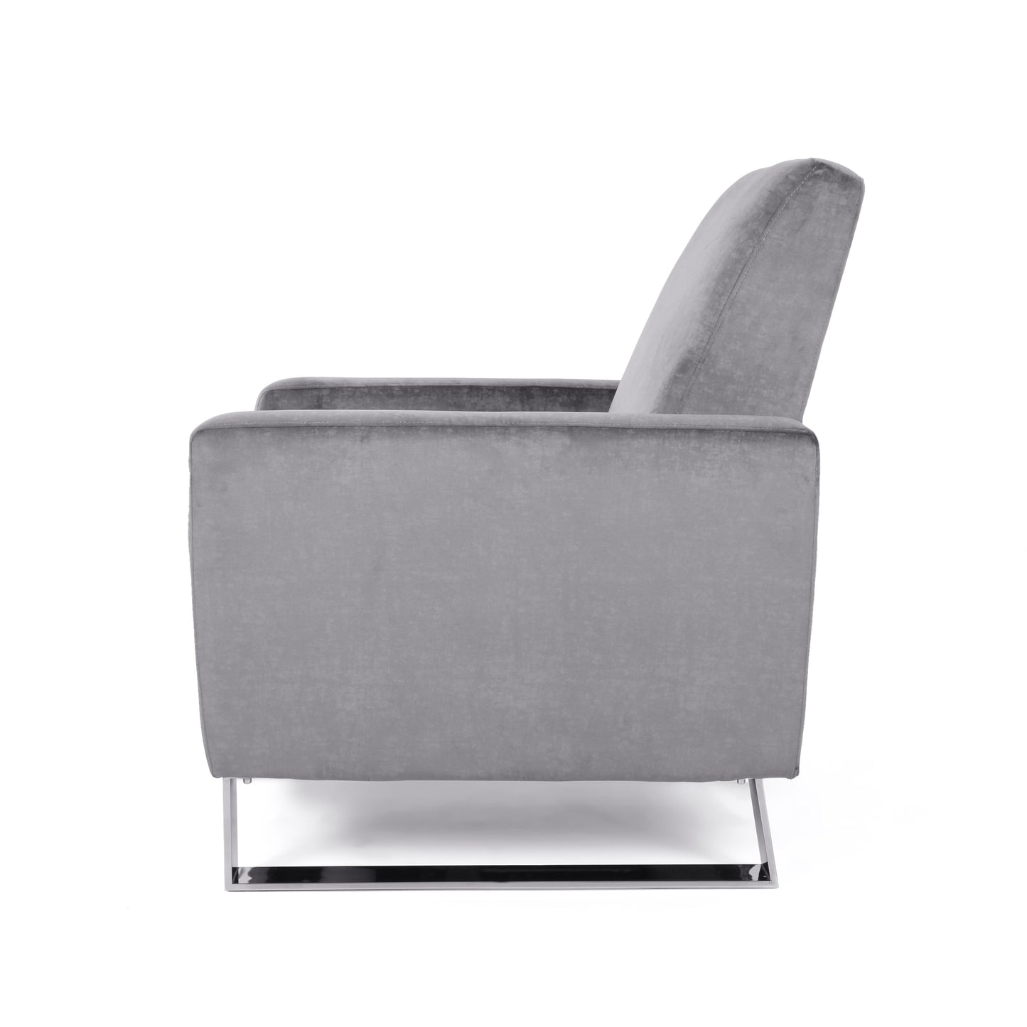 Gray velvet armchair with sleek chrome legs perfect for a modern living room