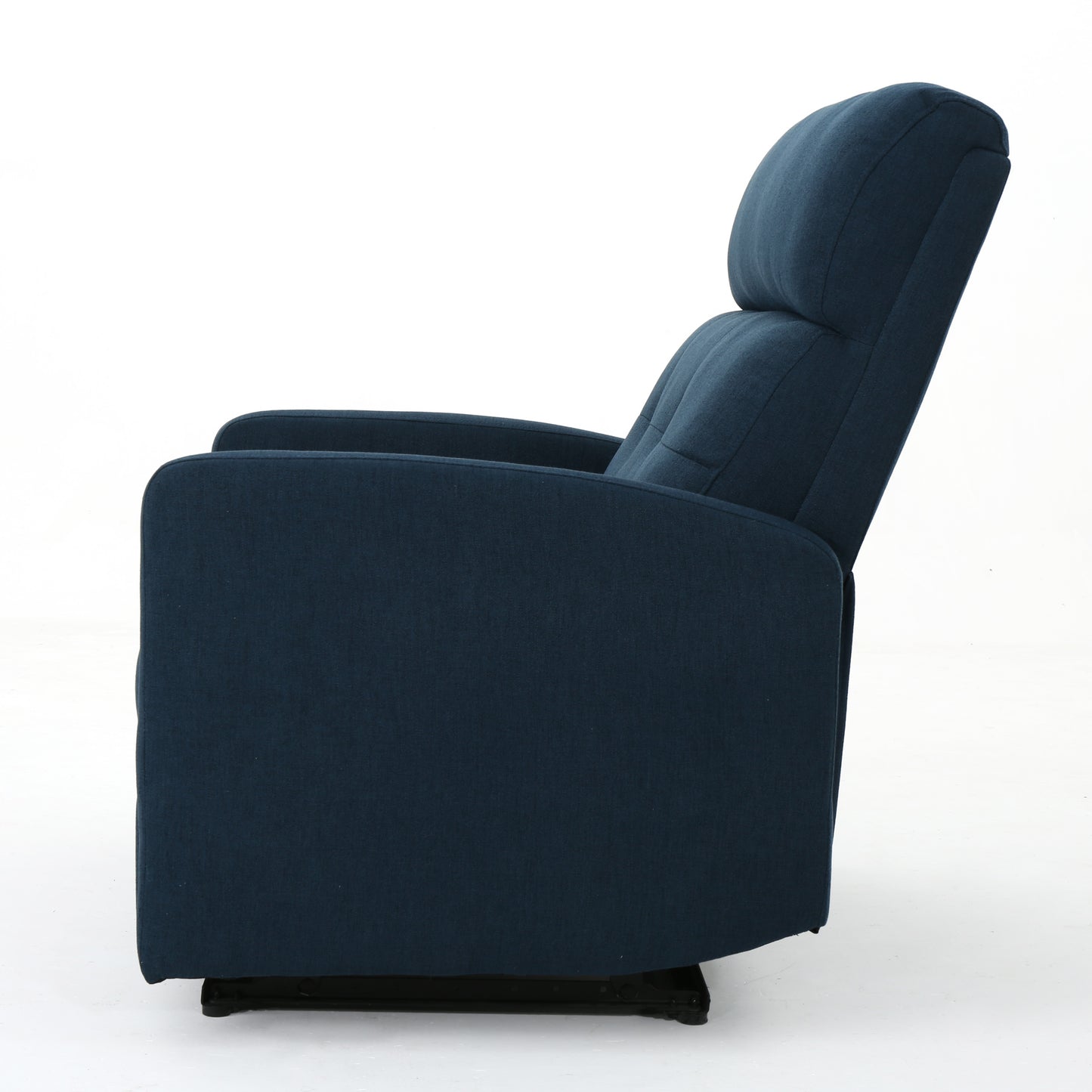 Navy blue upholstered recliner chair with padded headrest and armrests perfect for living room comfort