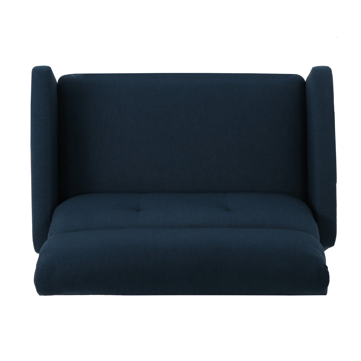 Dark blue linen sofa with tufted seat cushions and high arms