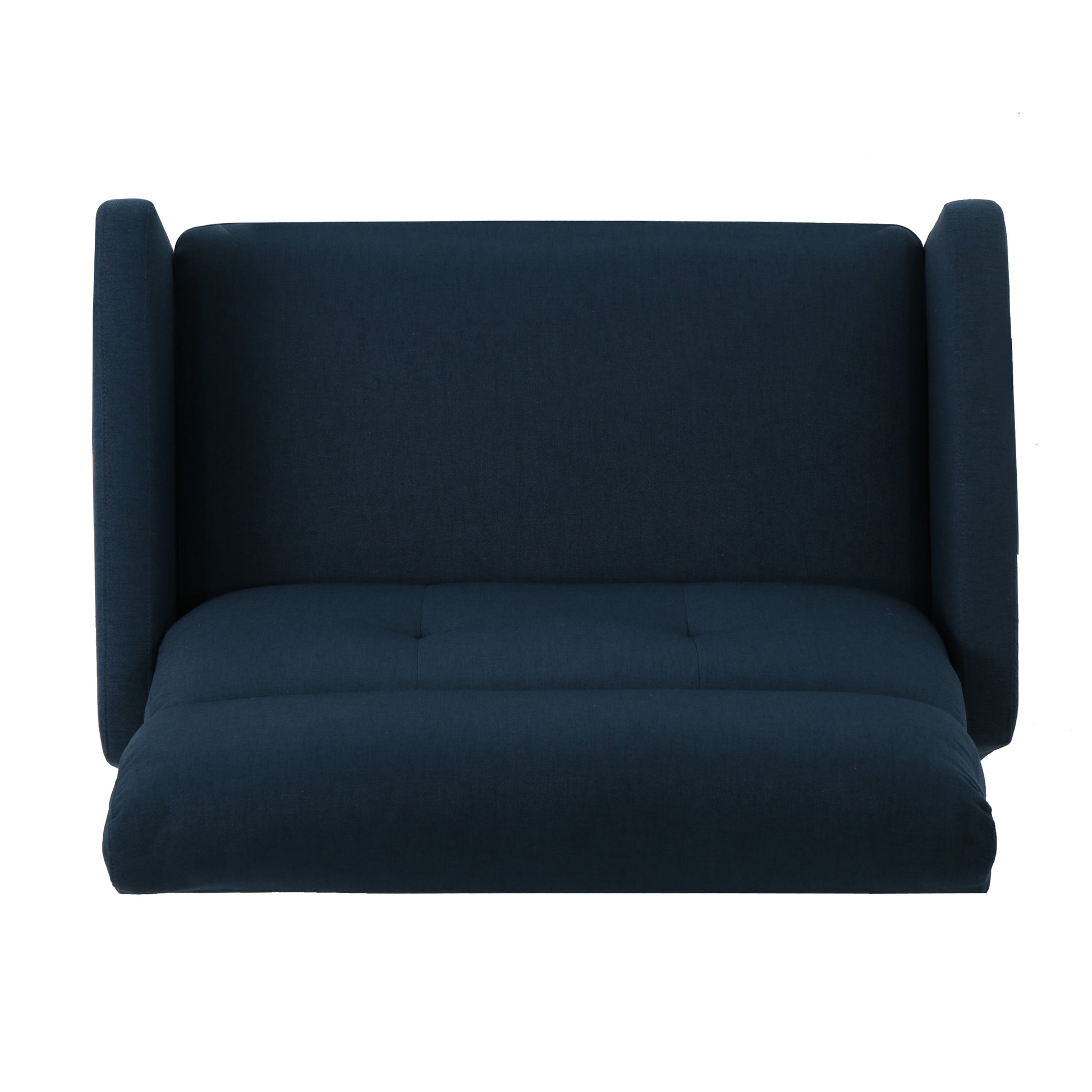 Dark blue linen sofa with tufted seat cushions and high arms