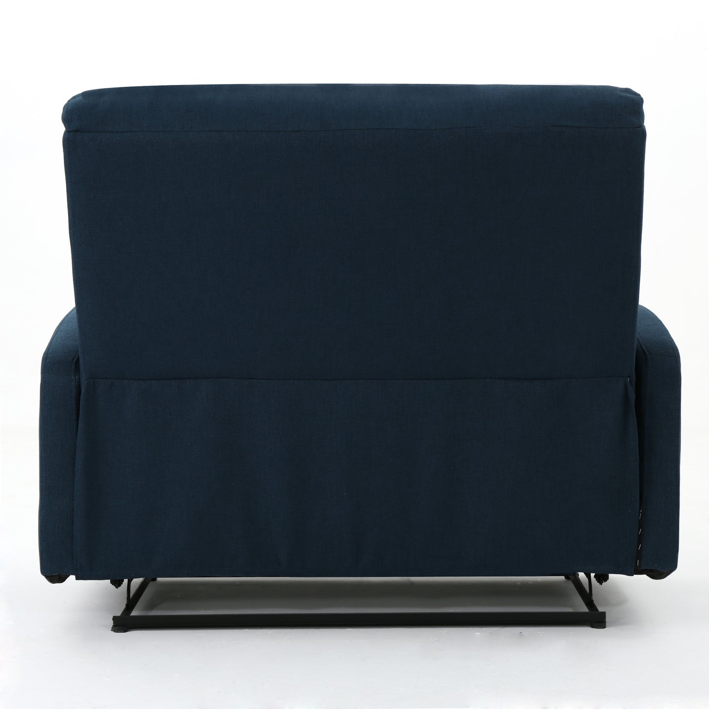 Dark blue fabric recliner chair back view showing upholstered seat and armrests