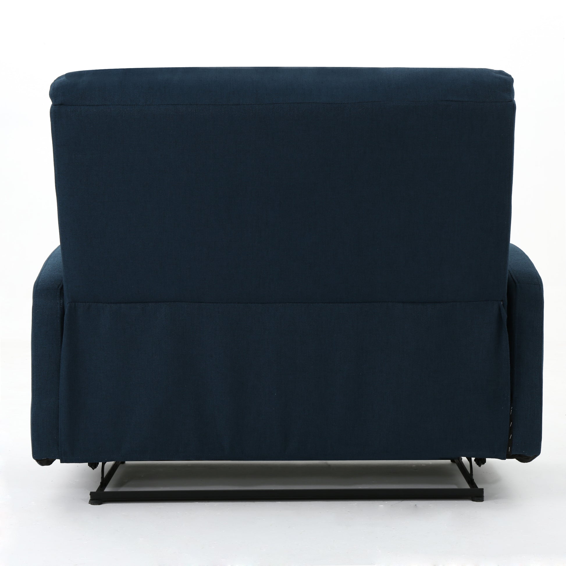 Dark blue fabric recliner chair back view showing upholstered seat and armrests
