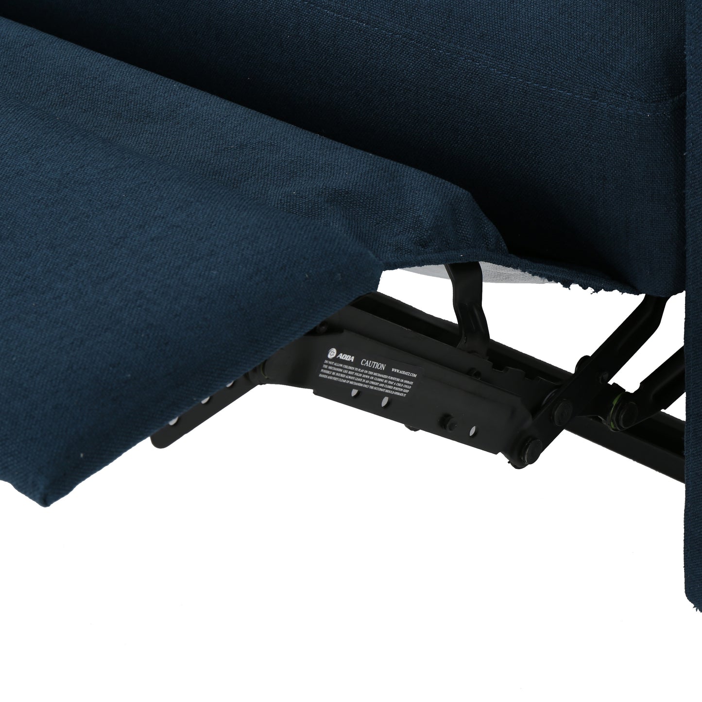 Closeup of navy blue fabric on a reclining chair mechanism showing texture