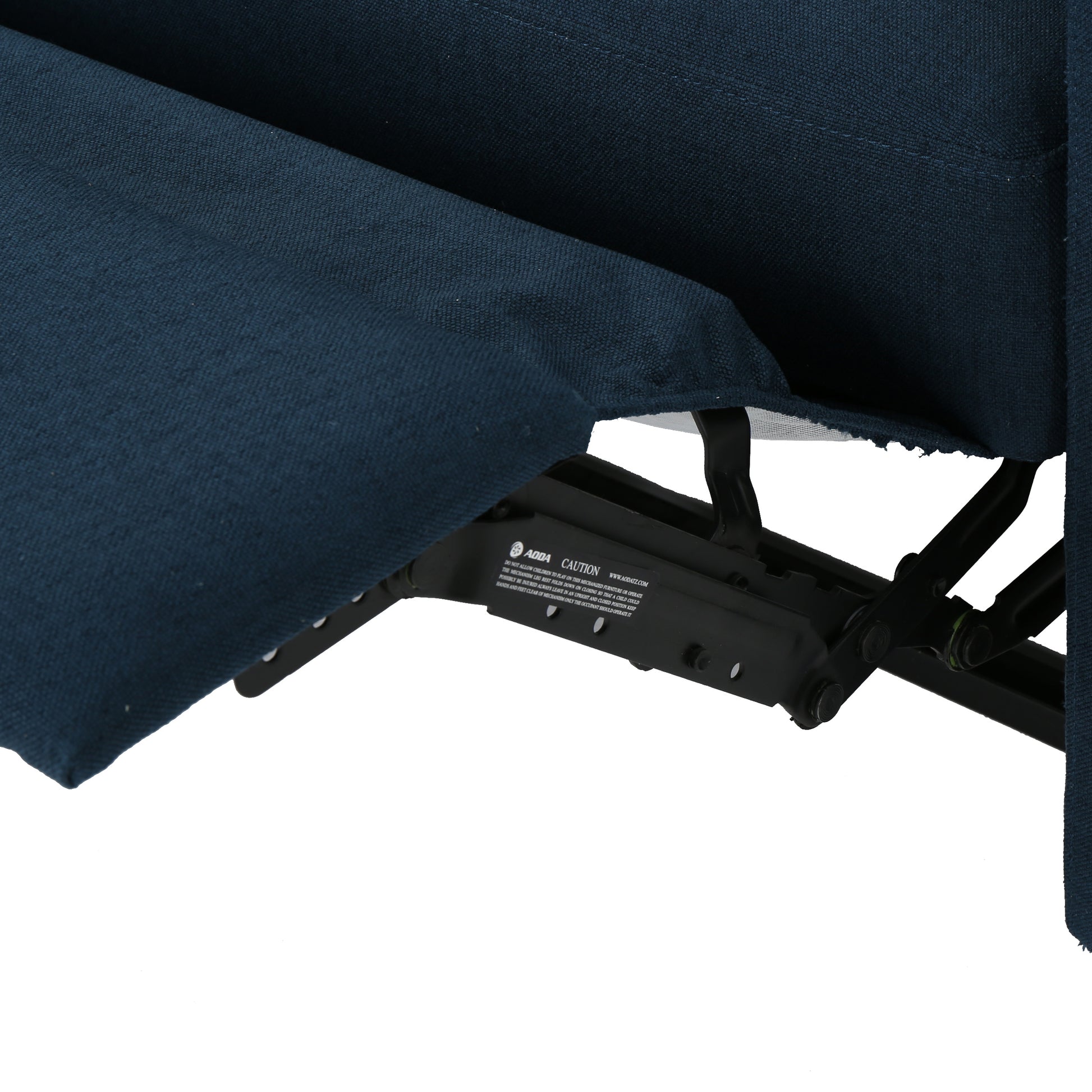 Closeup of navy blue fabric on a reclining chair mechanism showing texture