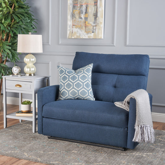 Deep blue fabric recliner with tufted back and geometric throw pillow for living room comfort
