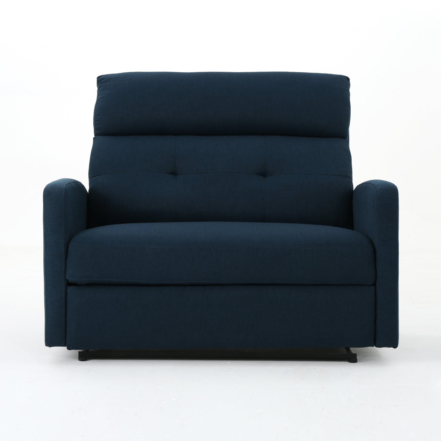 Navy blue fabric recliner chair with tufted back and padded arms
