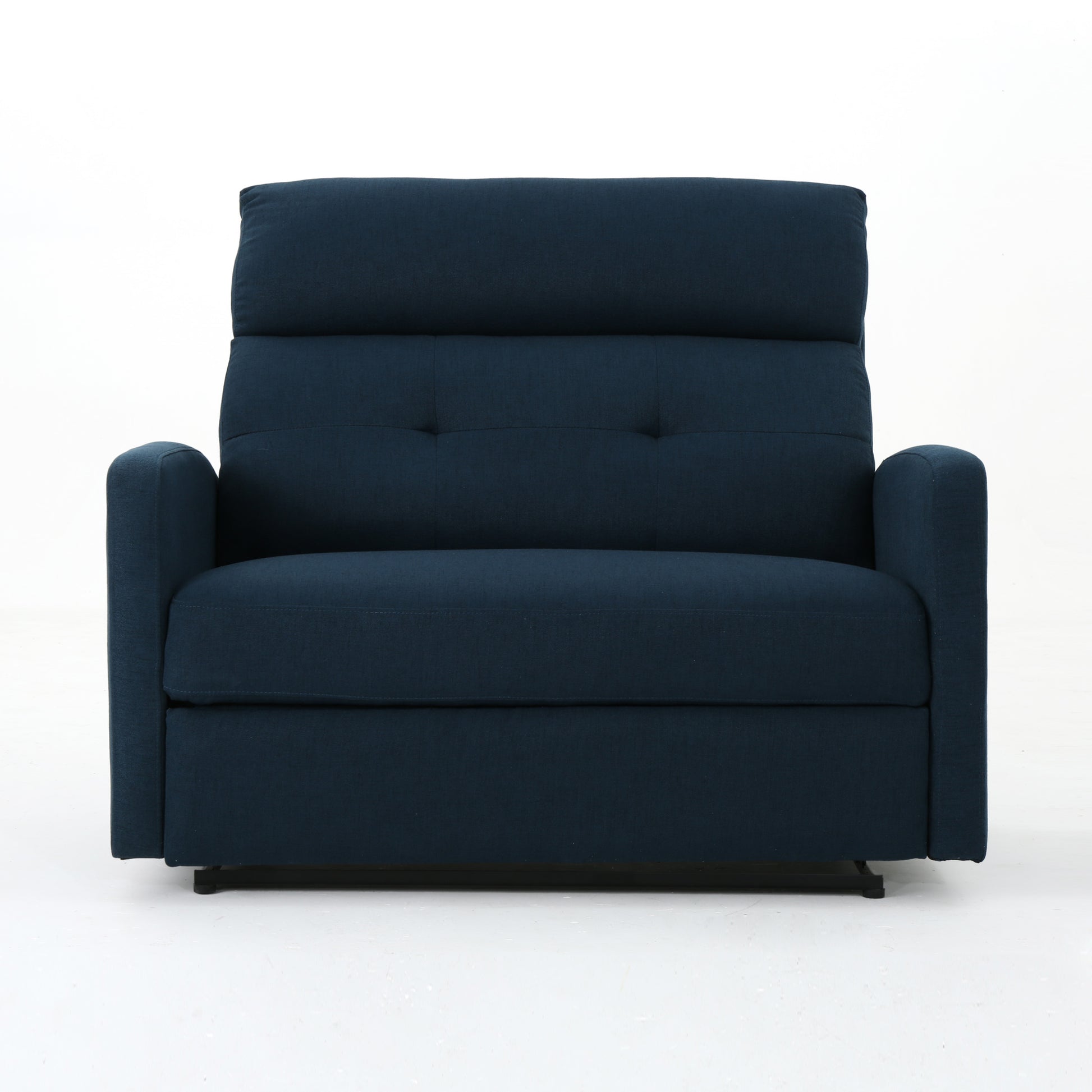 Navy blue fabric recliner chair with tufted back and padded arms