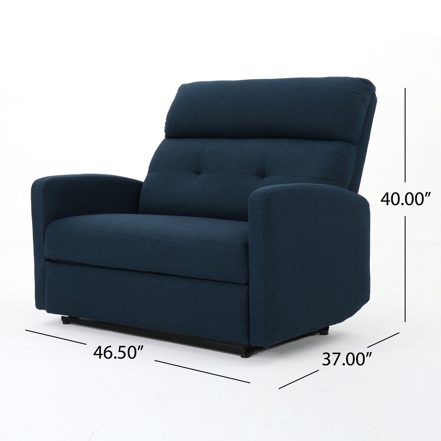 Navy blue fabric recliner with tufted back and padded armrests for comfort