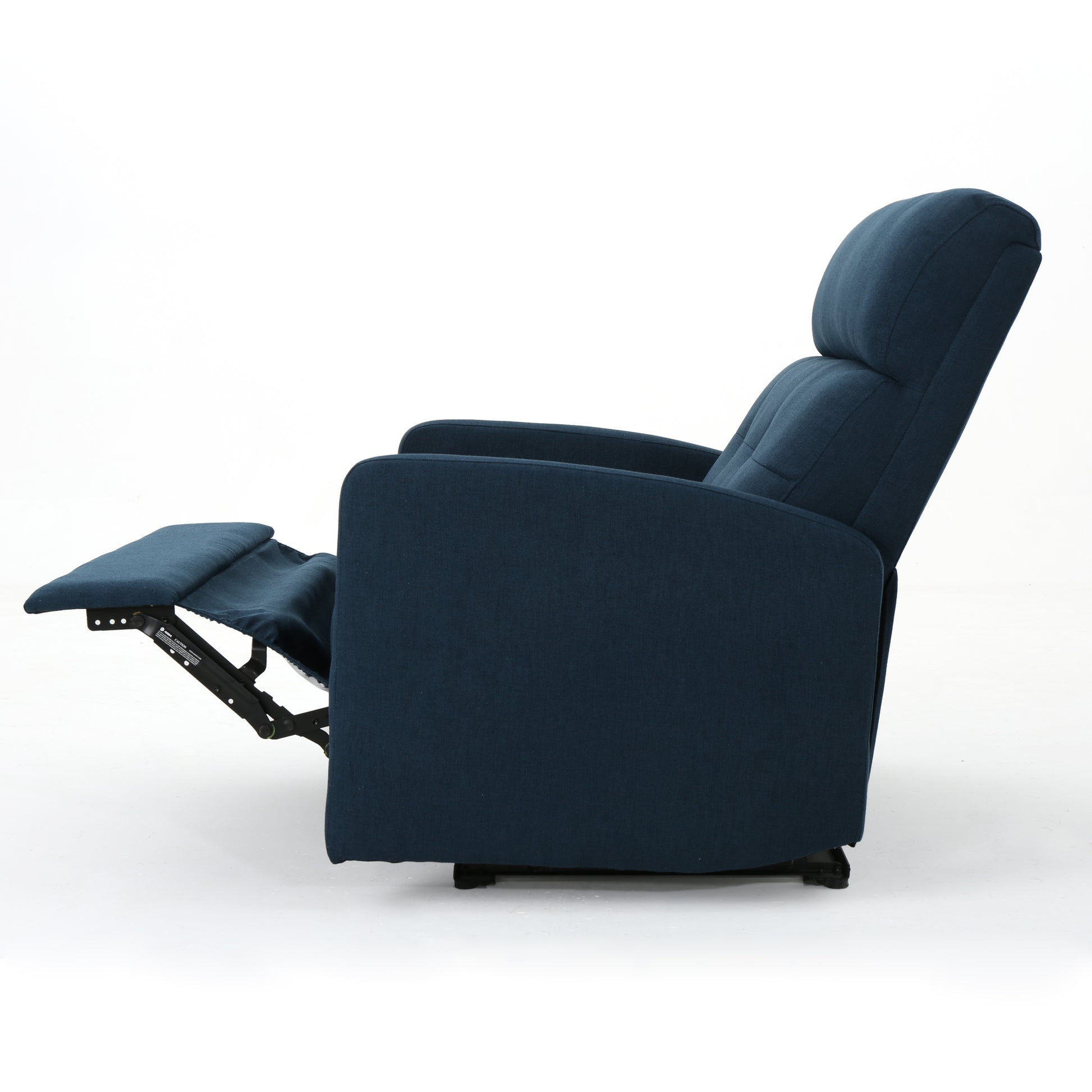 Navy blue fabric recliner chair with footrest extended perfect for living room relaxation