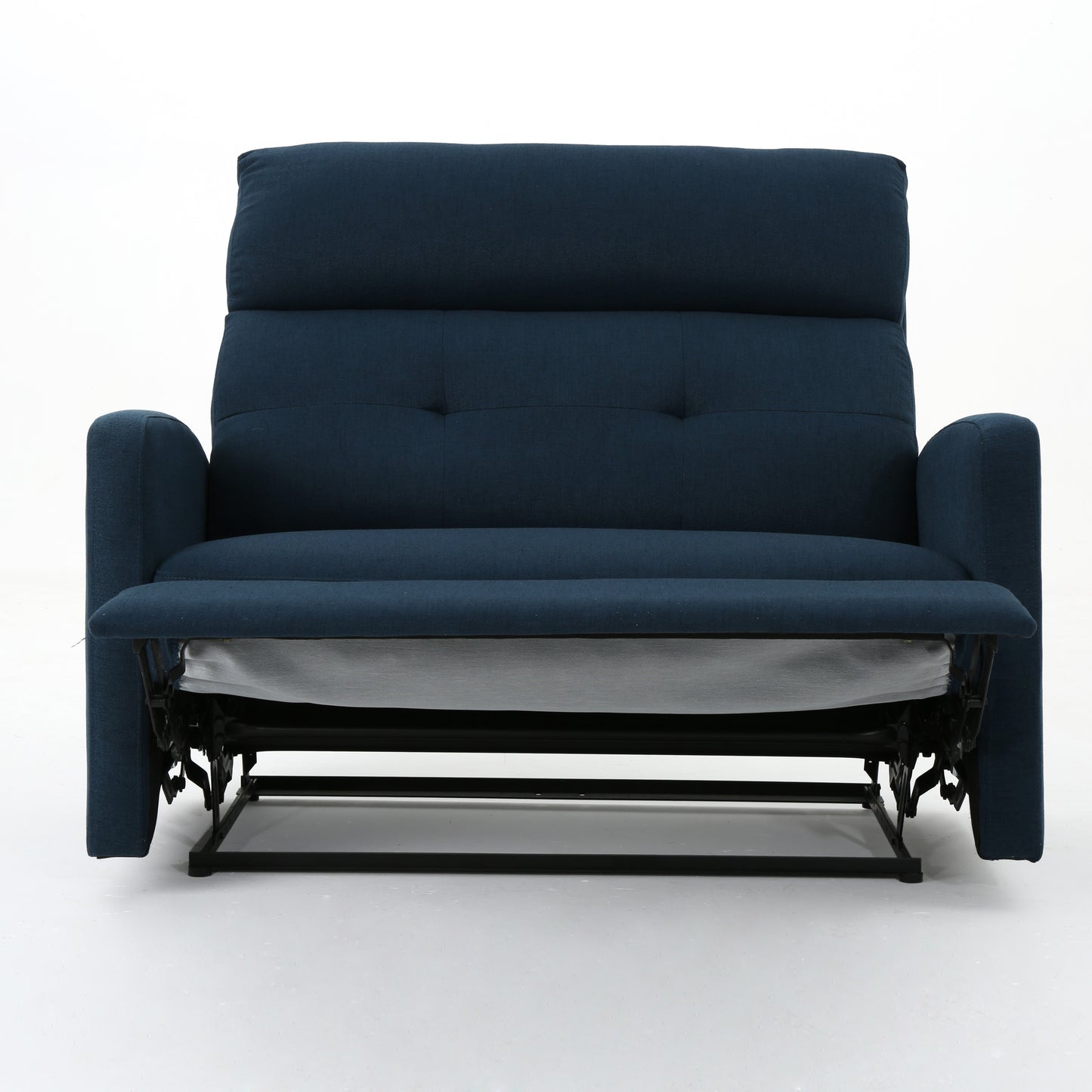 Navy blue fabric recliner with tufted back and exposed metal mechanism