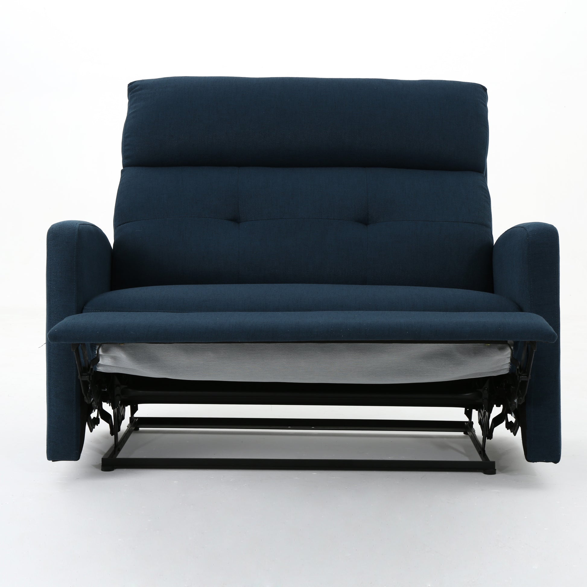 Navy blue fabric recliner with tufted back and exposed metal mechanism