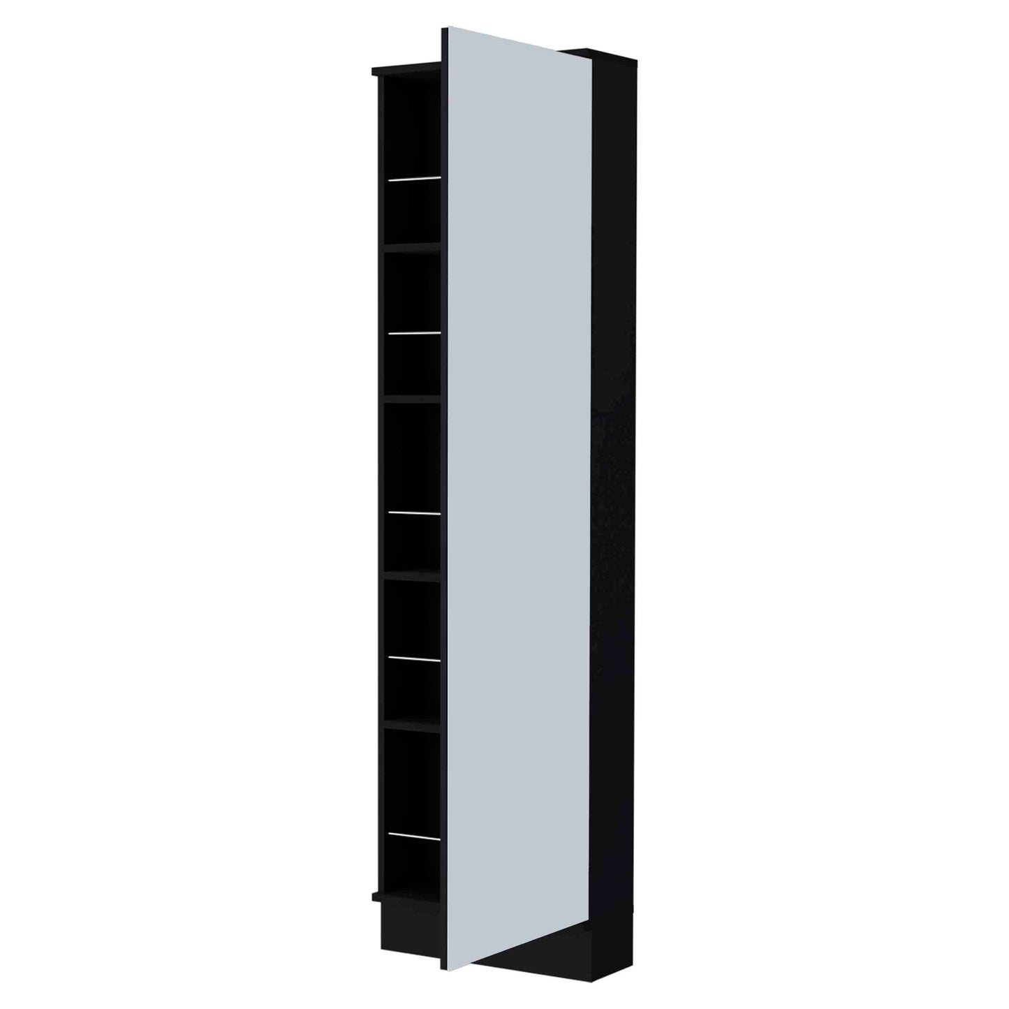 Black narrow bookshelf with mirrored door