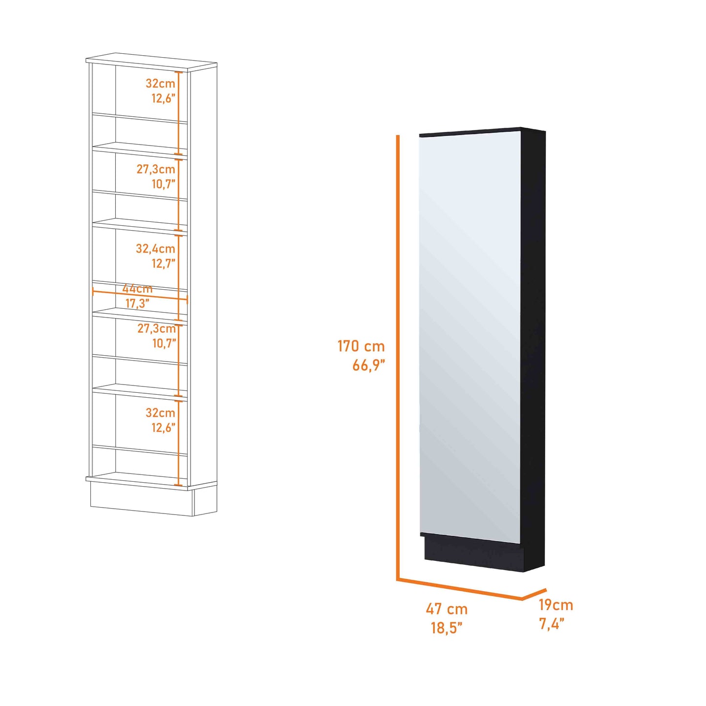 Tall narrow bookshelf with white shelves and black frame