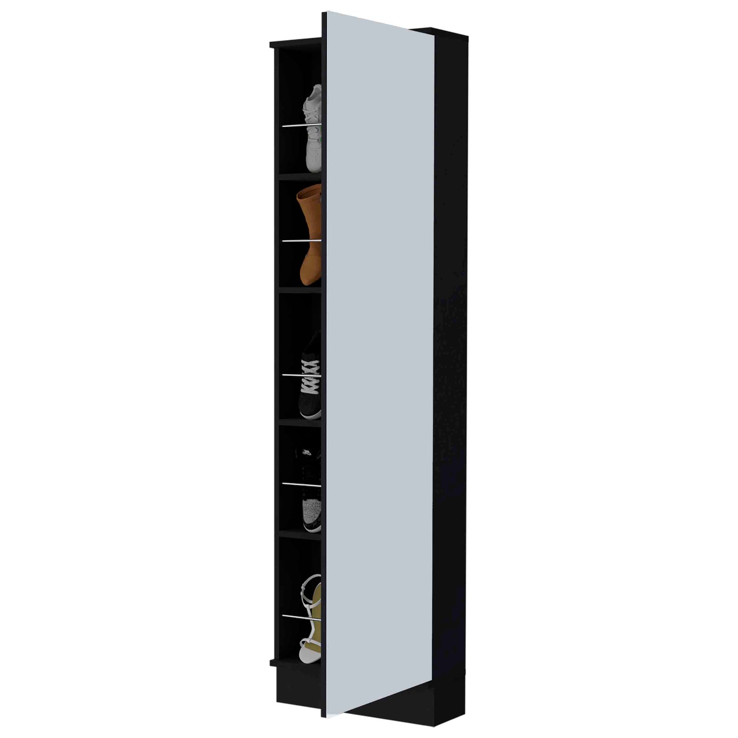 Tall black shoe cabinet with mirrored door showcasing white sneakers
