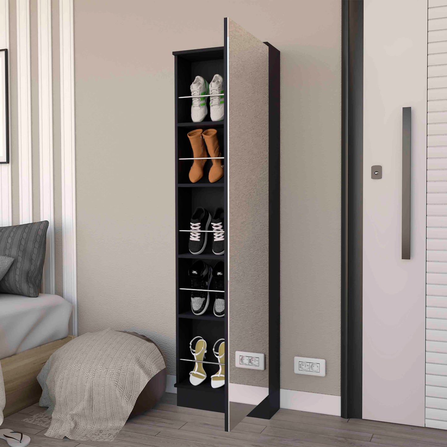 Tall black shoe rack with white sneakers on top shelf