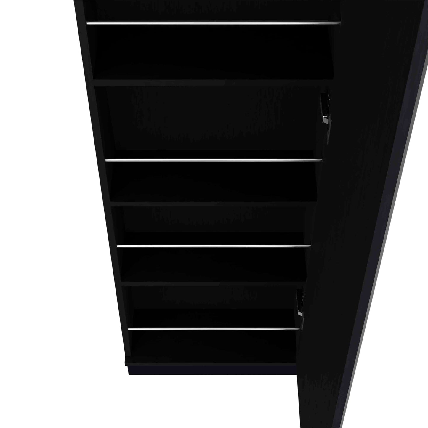 Black modern shoe rack with  adjustable shelves and chrome accents