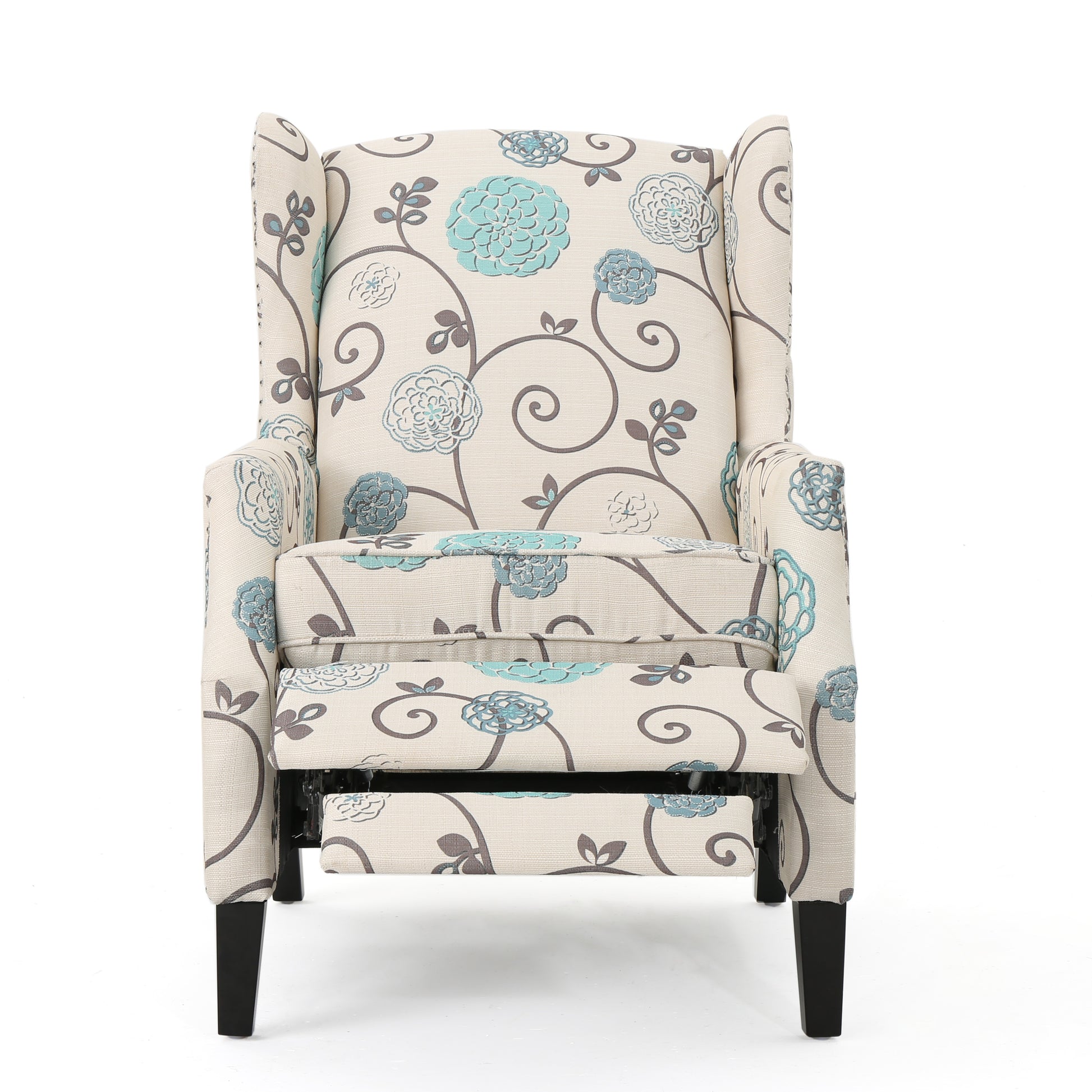 Floral wingback recliner chair in cream with blue and gray floral pattern
