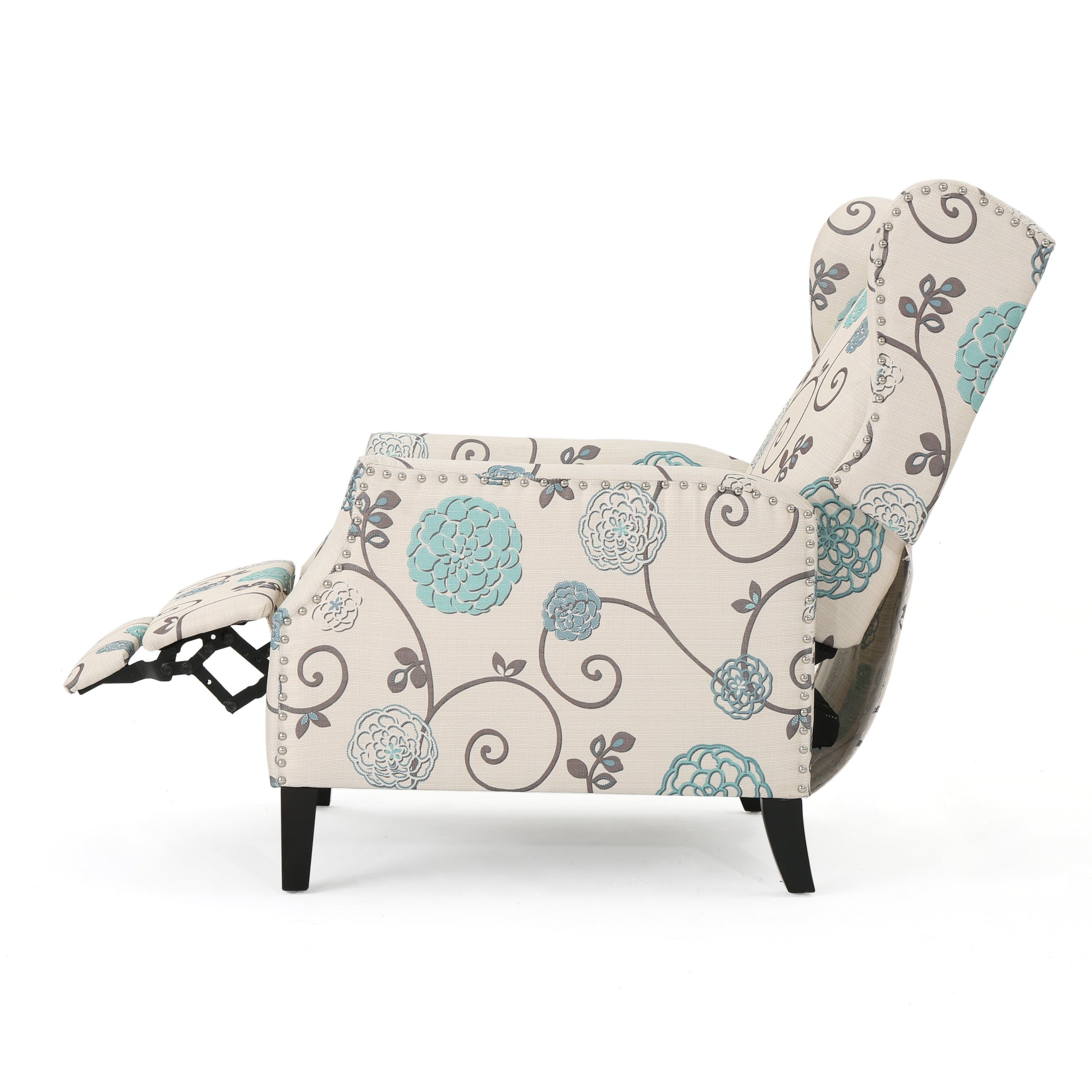 Cream fabric recliner chair with blue floral pattern and nailhead trim