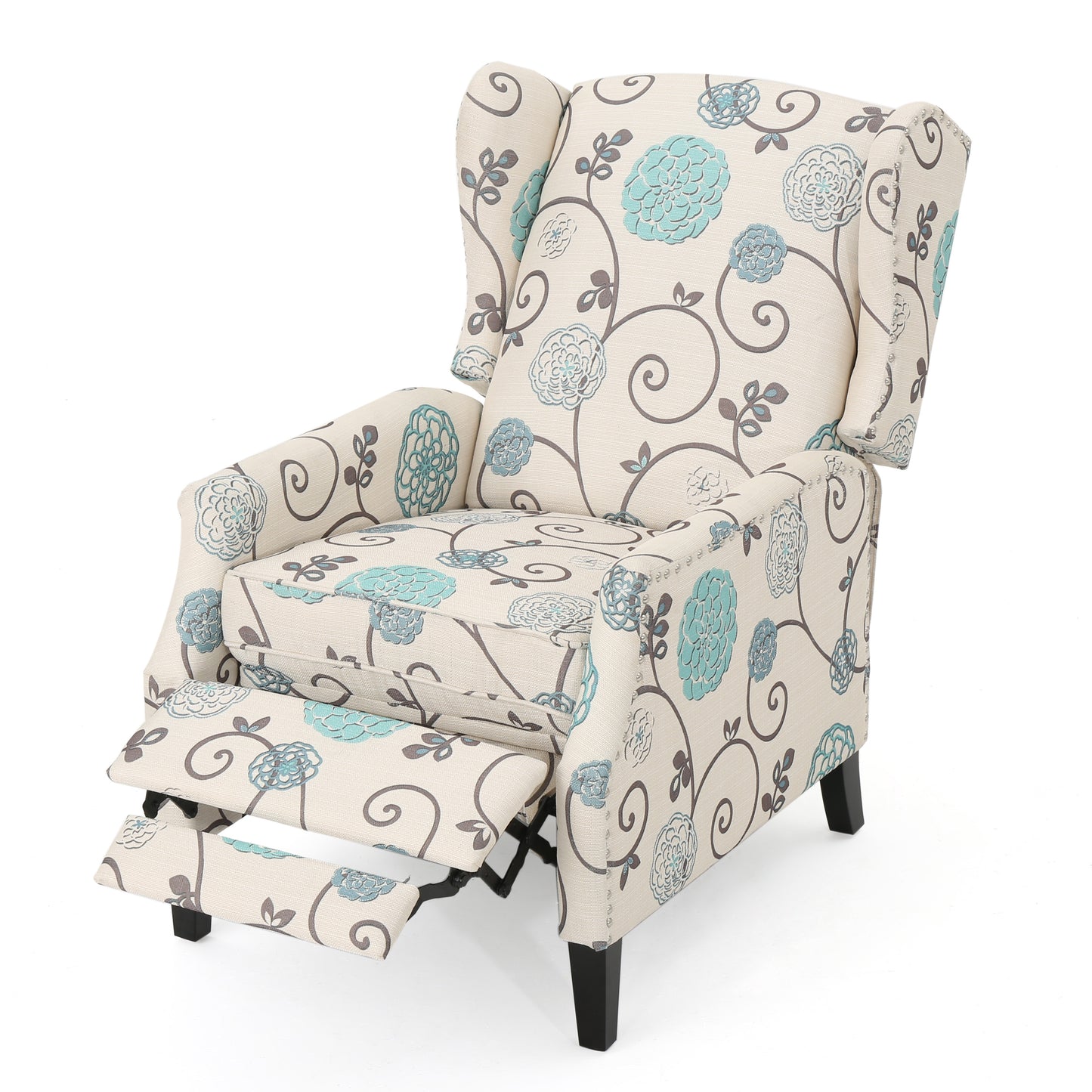 Floral wingback recliner chair with light beige fabric and teal blue floral pattern