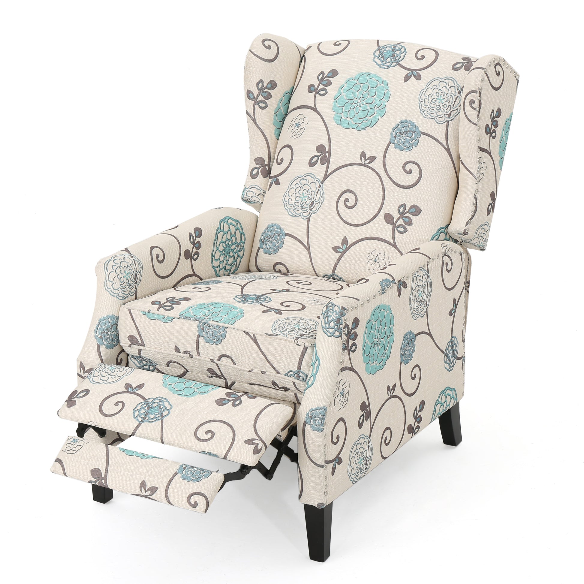 Floral wingback recliner chair with light beige fabric and teal blue floral pattern