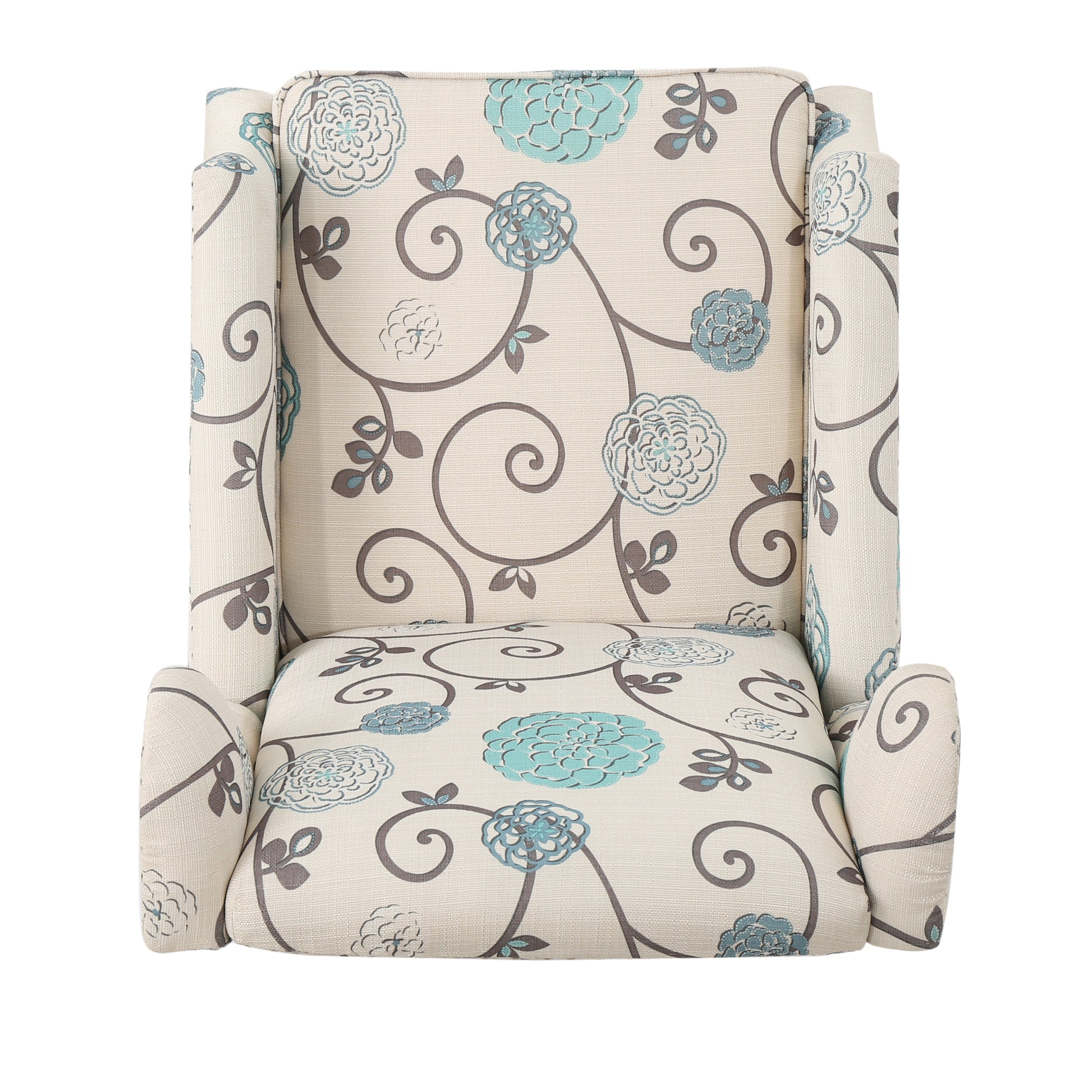 Cream fabric accent chair with teal and grey floral vine pattern