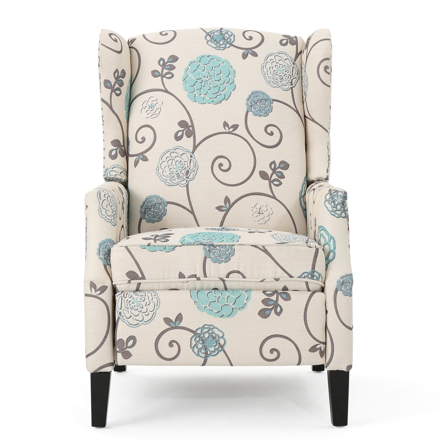 Beige wingback recliner with blue floral pattern and dark wood legs