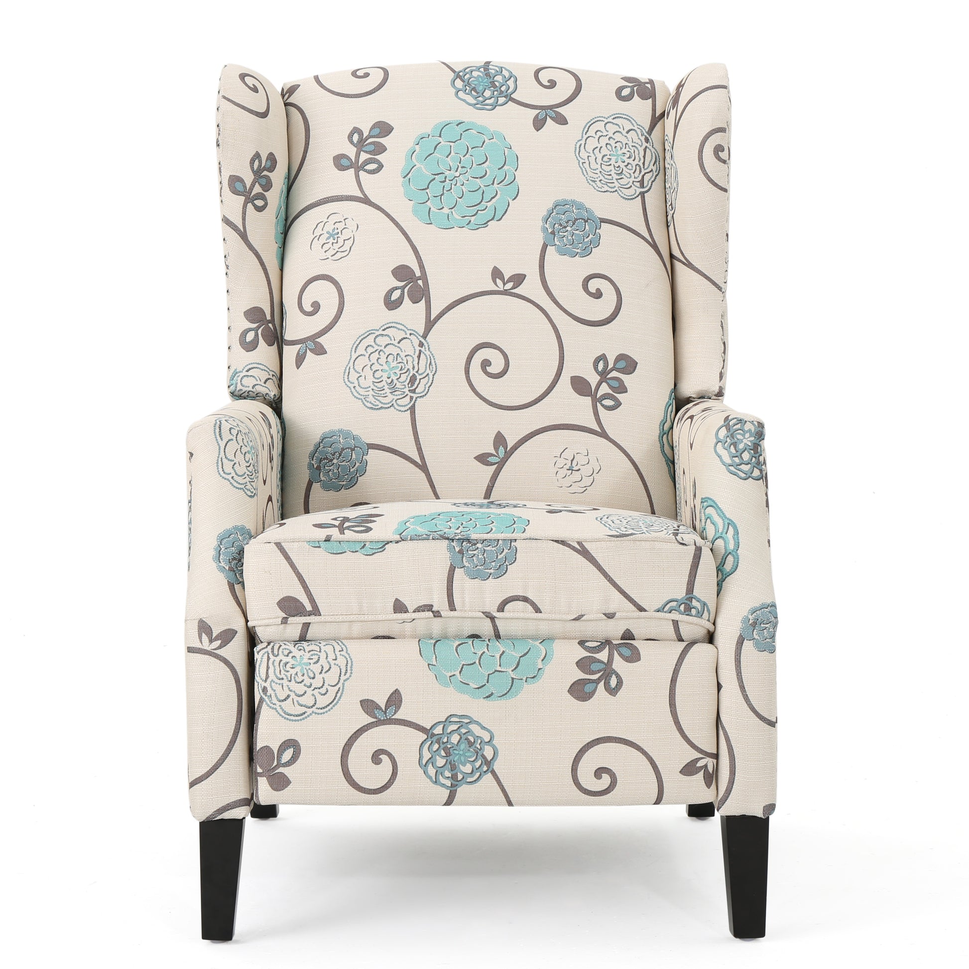 Beige wingback recliner with blue floral pattern and dark wood legs