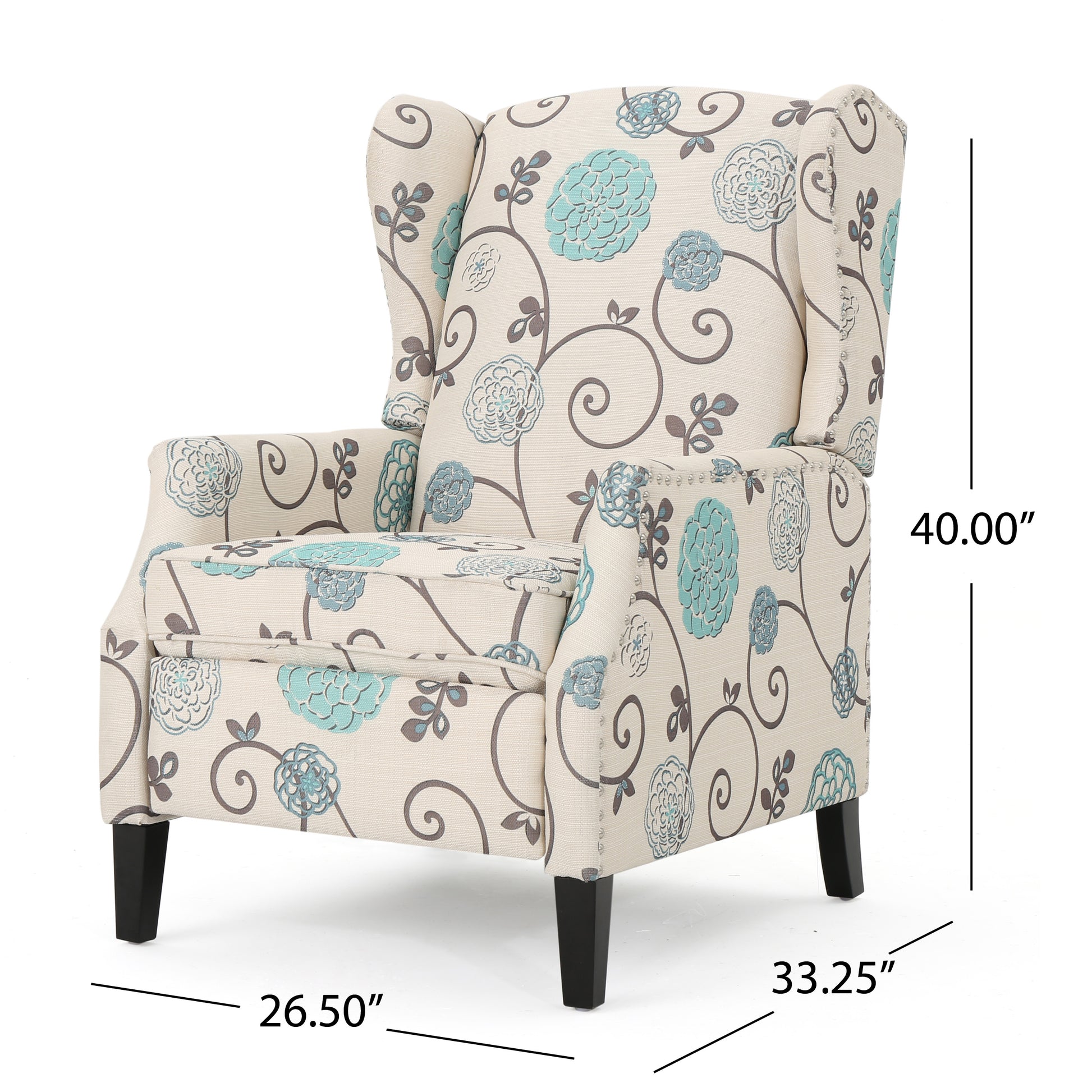 Cream wingback chair with blue floral pattern and nailhead trim
