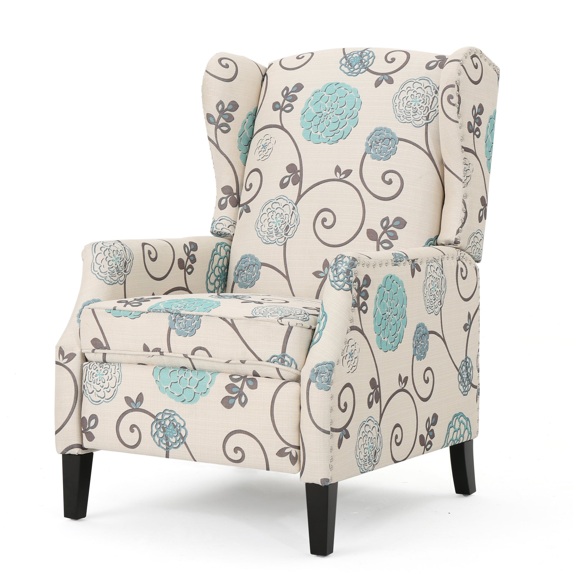 Cream wingback accent chair with blue floral and vine pattern perfect for living rooms