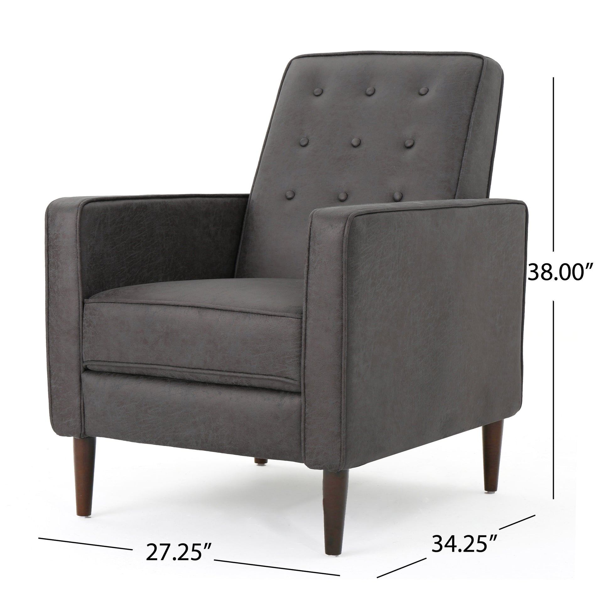 Dark gray tufted accent chair with wood legs and a midcentury modern design
