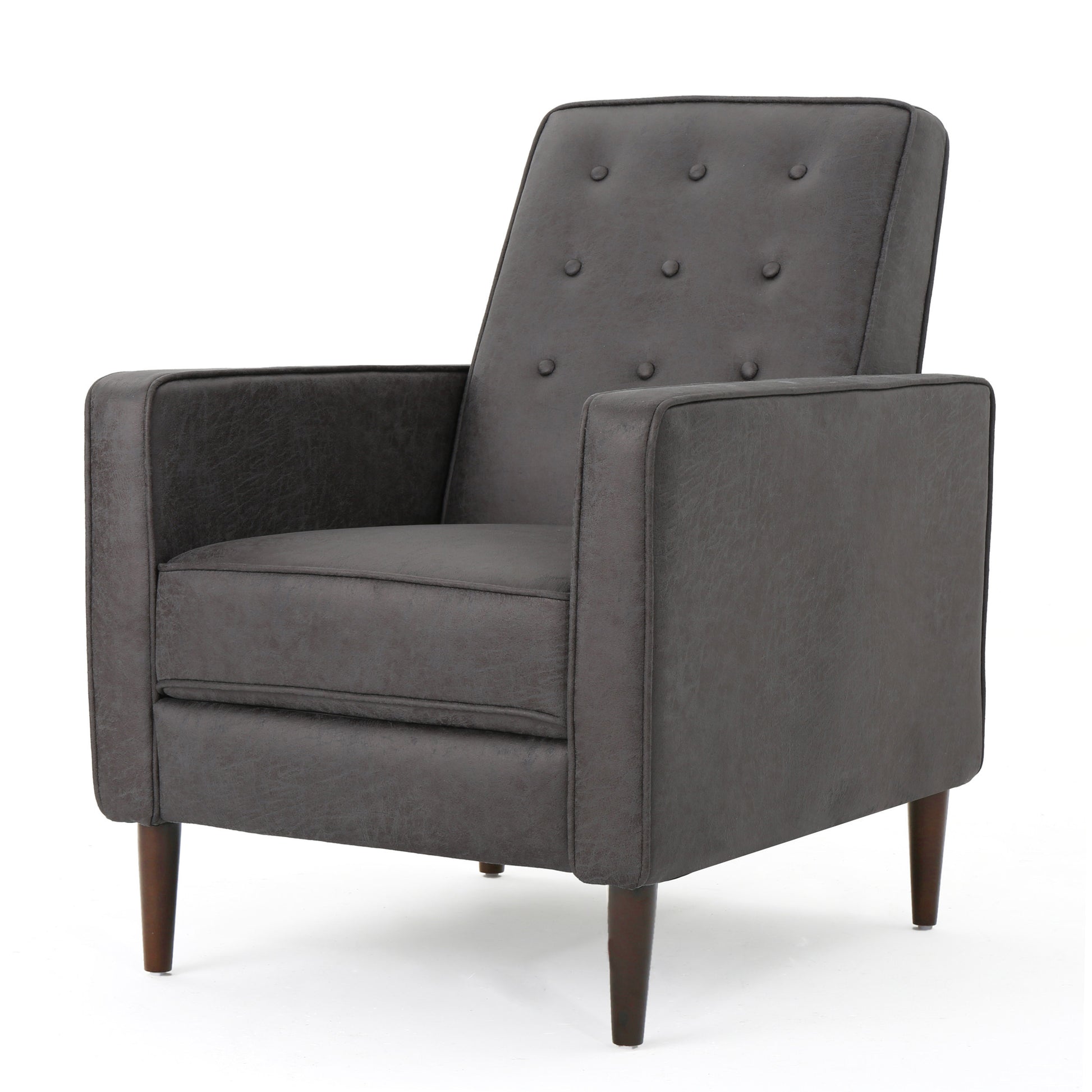 Dark grey upholstered armchair with tufted back and tapered wooden legs
