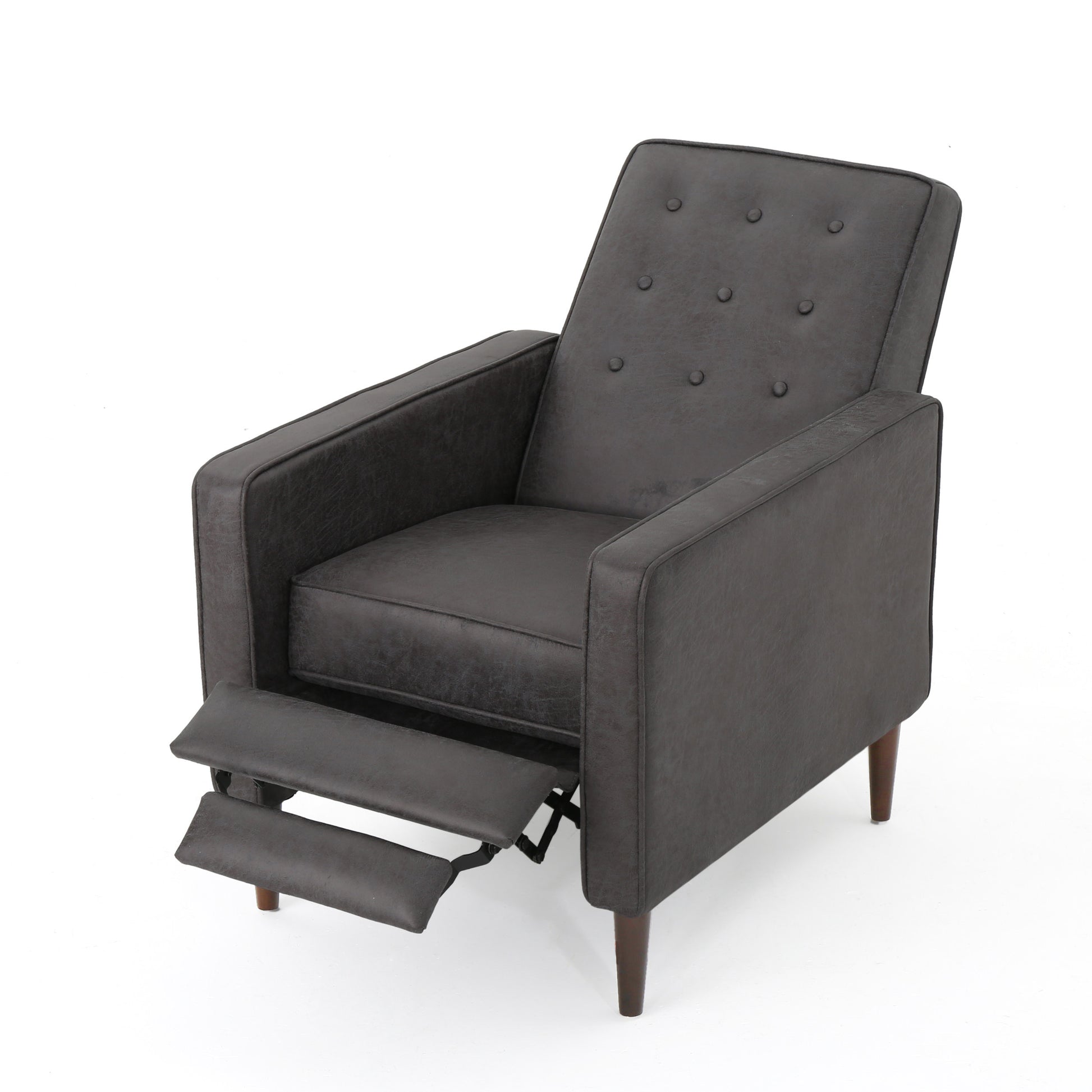 Dark gray recliner chair with button tufting and extended footrest