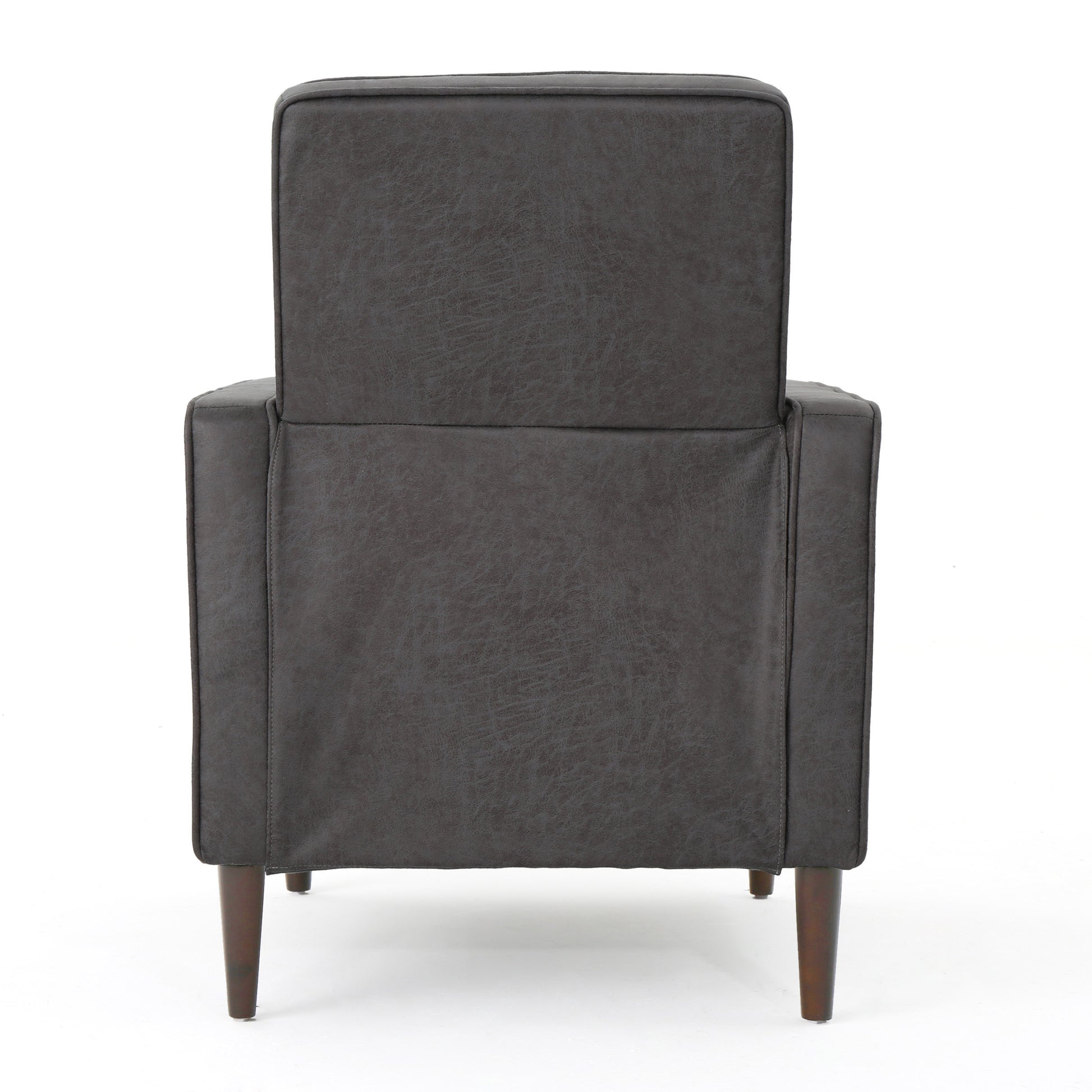 Dark gray faux leather accent chair with tufted back and tapered wooden legs