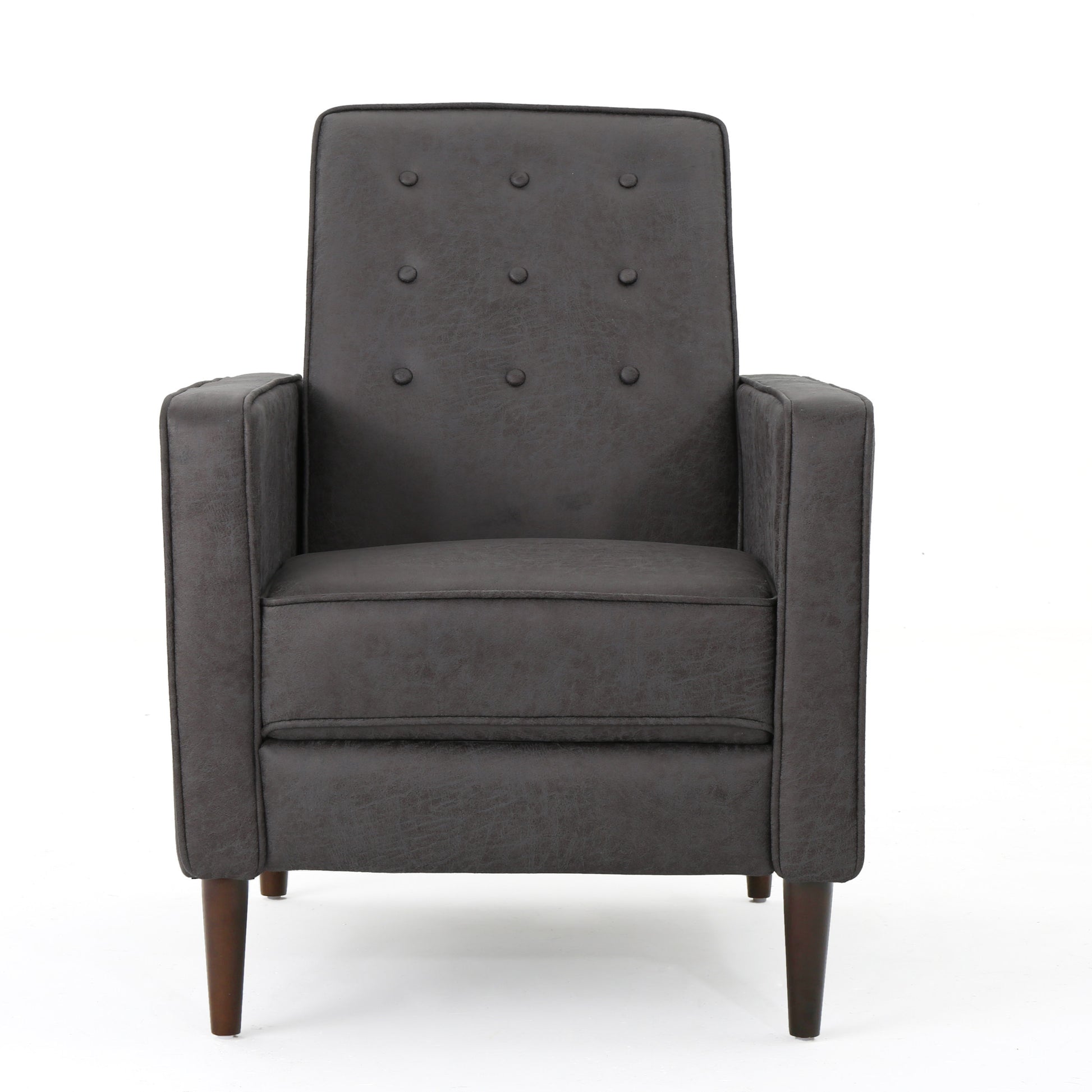 Dark grey faux leather accent chair with tufted backrest and wooden legs