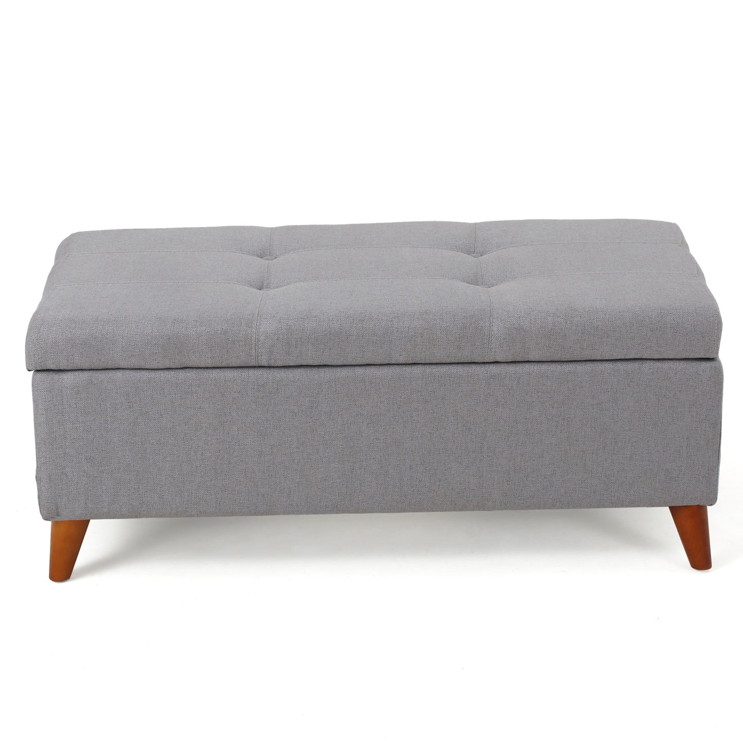Grey fabric storage ottoman with tufted top and tapered wooden legs