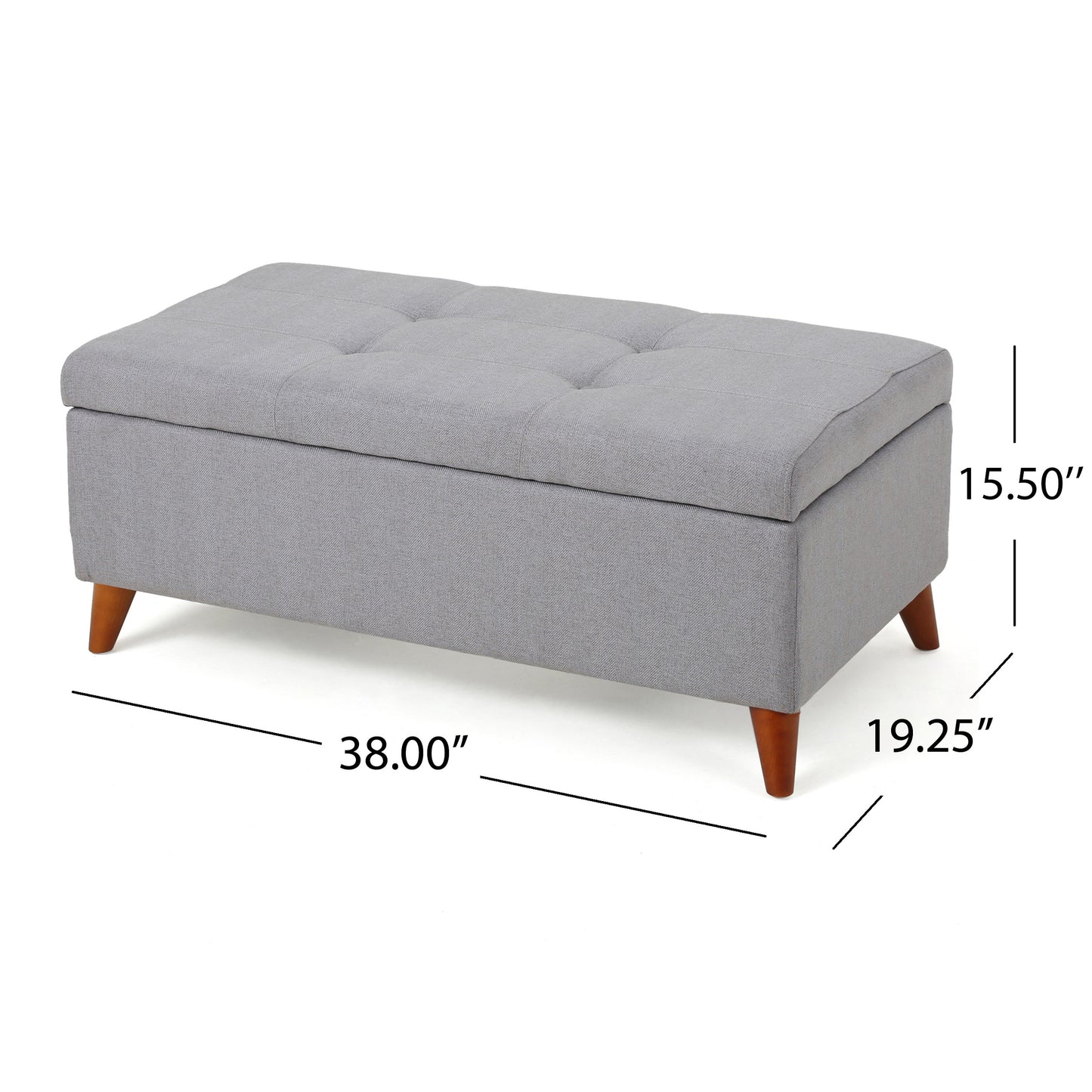 Grey upholstered storage ottoman with tufted lid and tapered wooden legs  long