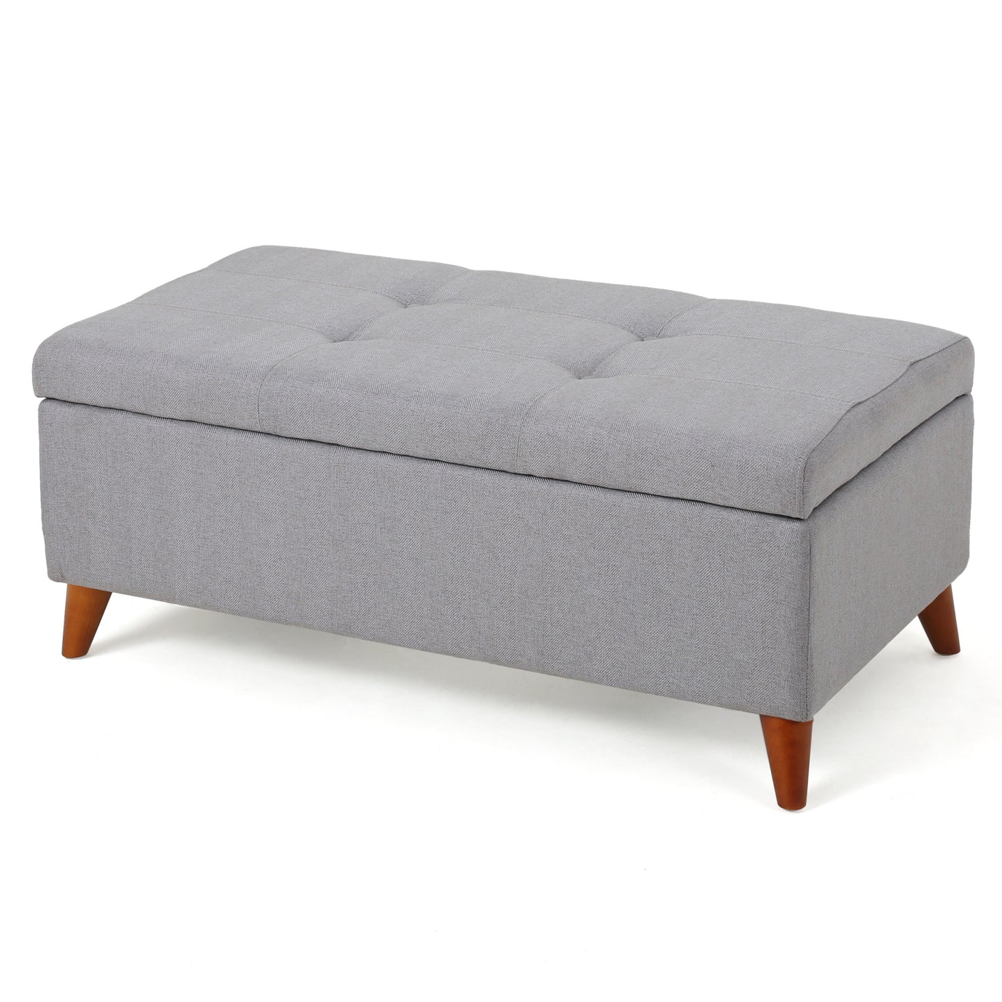 Tufted grey linen storage ottoman with midcentury modern wooden legs